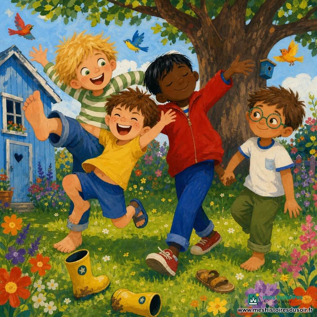 Quatre garçons dans un jardin ensoleillé font ensemble un pas de géant imaginaire : Léo (7 ans, cheveux blonds en bataille, yeux verts) à gauche lève un grand pied, Max (6 ans, peau claire, taches de rousseur, cheveux bruns courts) saute en riant sur la pointe des pieds juste devant lui, Sami (8 ans, cheveux noirs lisses, veste rouge) au centre ferme les yeux et avance lentement les bras ouverts, et Nino (7 ans, cheveux châtain clair, lunettes rondes) à droite tient la main de Sami en souriant timidement ; arrière-plan avec grande pelouse, vieux chêne, petite cabane bleue à gauche, bottes et sandales éparpillées, fleurs et oiseaux, composition centrale et dynamique, couleurs vives et textures de peinture acrylique visibles, ambiance loufoque et douce.