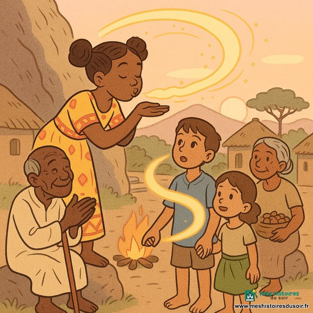 Aïssa, heureuse et déterminée, lèvres pincées en train de souffler une poignée de poussière dorée qui forme un ruban tourbillonnant enveloppant doucement les villageois se tenant la main en signe de réconciliation et de joie; à sa gauche Koffi, vieil homme ridé au sourire bienveillant, assis avec une canne et applaudissant; à sa droite un garçon aux yeux miel d'environ 8 ans tenant la main d'une fillette de 6 ans en pagne vert, bouche entrouverte d'émerveillement; derrière le feu de camp, une femme d'environ 60 ans aux cheveux gris nattés portant un panier de noix la regarde apaisée; village africain au pied d'un grand rocher rugueux, cases en torchis et toits de chaume, petites marches en terre, feu de camp au centre, silhouettes d'arbres et collines au loin sous un ciel rose de lever de soleil.