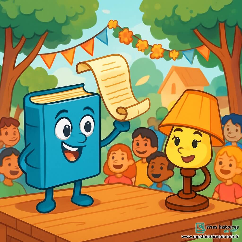 Giro, un livre aux pages dorées et à la couverture bleu azur, se tient sur une table en bois, les yeux pétillants et un grand sourire. Il brandit un parchemin rempli d'histoires sur l'égalité, ses pages virevoltant dans la brise. À ses côtés, Nora, une petite lampe avec un abat-jour ambré, éclaire la scène d'une lumière douce. Elle a un regard déterminé et se penche légèrement en avant pour encourager Giro à partager son message. En arrière-plan, le village de Clairval est animé, avec des décorations colorées et des enfants rassemblés autour d'eux, écoutant attentivement. Giro et Nora parlent avec passion au festival de l'égalité, entourés d'une foule joyeuse, tous unis pour célébrer la diversité et l'équité.