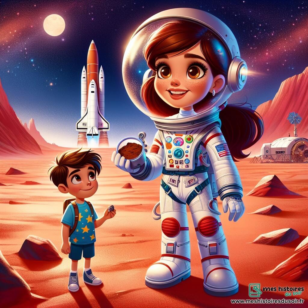Clara, une astronaute d'une trentaine d'années, se tient sur la surface rouge de Mars, souriante et émerveillée. Elle porte une combinaison spatiale blanche avec des détails colorés et un casque transparent qui reflète le paysage martien. Ses cheveux bruns sont en queue de cheval et elle tient un échantillon de sol. À proximité, Hugo, un garçon de douze ans, l'observe avec admiration, portant un t-shirt bleu et tenant une maquette de fusée, rêvant de devenir astronaute. Le paysage martien est spectaculaire, avec des dunes de sable rouge et un ciel bleu parsemé d'étoiles. En arrière-plan, une fusée décolle, laissant une traînée de fumée. Clara découvre Mars avec joie, tandis qu'Hugo rêve de l'exploration spatiale.