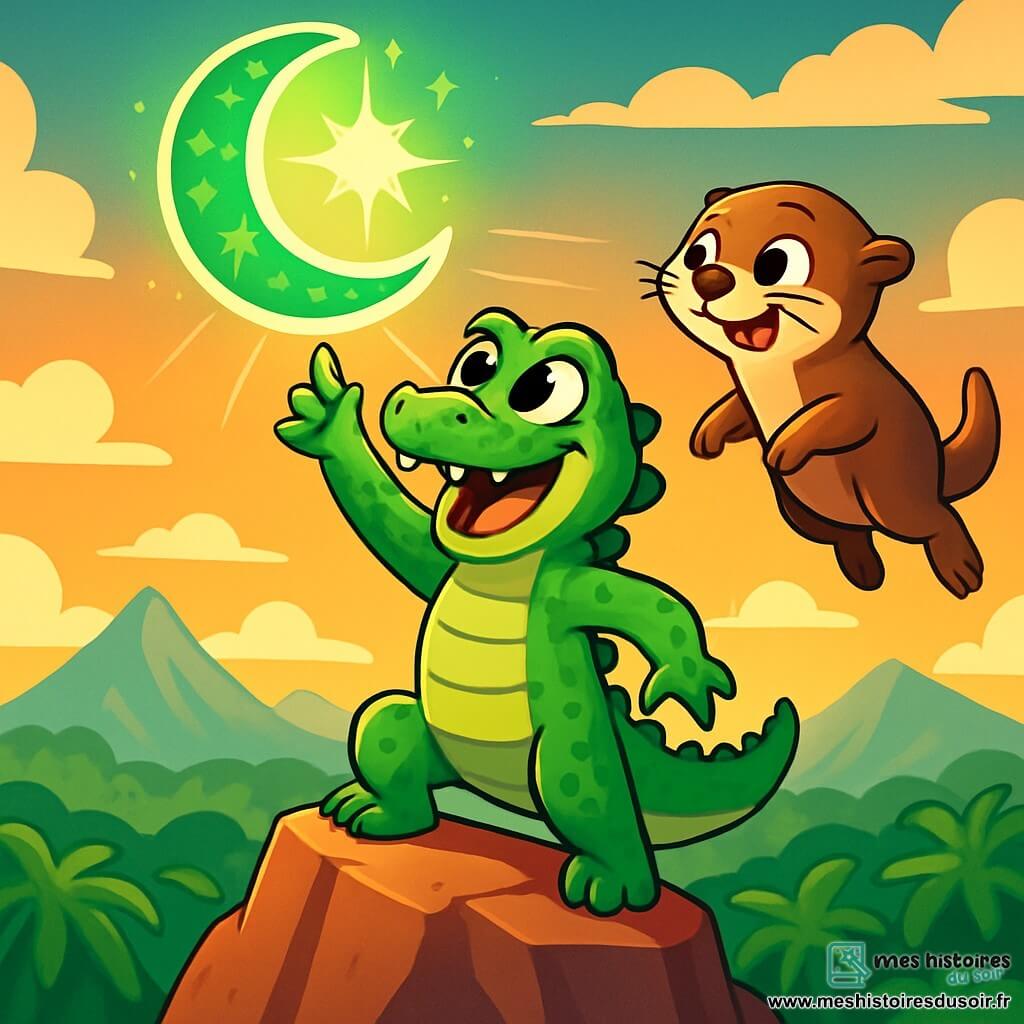 Un jeune crocodile nommé Gustave, avec des écailles vertes brillantes et des yeux pétillants de curiosité, se tient au sommet de la Montagne du Tambour, le cœur battant d'excitation. Il sourit largement, montrant ses petites dents blanches, tandis qu'une lumière dorée éclaire son visage joyeux. À ses côtés, Léa la loutre, avec son pelage brun doux et ses grands yeux malicieux, nage joyeusement dans l'air, prête à l'encourager. La scène se déroule au sommet d'une montagne majestueuse, entourée de nuages cotonneux et d'une jungle verdoyante. Gustave lève la patte pour attraper la Lune d'Émeraude scintillante, symbolisant l'aventure et le courage.