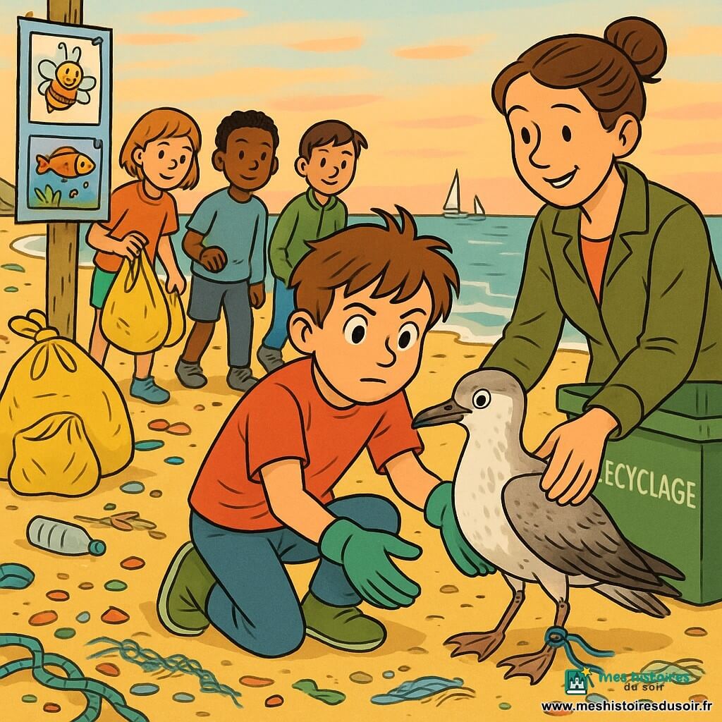 Hugo, 10 ans, visage rond, cheveux châtains en bataille et regard déterminé, est accroupi sur le sable, ganté, en train de libérer délicatement une mouette blessée d'une ficelle plastique ; sa mère, ~35 ans, cheveux bruns en chignon et veste kaki, sourit et tient l'oiseau derrière lui à droite ; à gauche, trois enfants (2 garçons, 1 fille, 9–11 ans) aux habits colorés et sacs jaunes ramassent des déchets et regardent avec admiration ; la mouette, plumage gris et blanc sale, patte entourée d'une ficelle bleue et ailes semi-repliées, a l'air fatigué mais confiant ; la plage large, sable doré jonché de plastiques, filets et bouteilles, ouvre sur une mer turquoise et un ciel pastel au coucher avec quelques bateaux ; au premier plan, un grand sac de recyclage jaune et une benne verte « recyclage », un poteau affiche des dessins d'enfants « moins de plastique » ; ambiance bande dessinée franco-belge, couleurs chaudes et contours doux, composition centrée sur Hugo et la mouette pour exprimer compassion et action concrète.