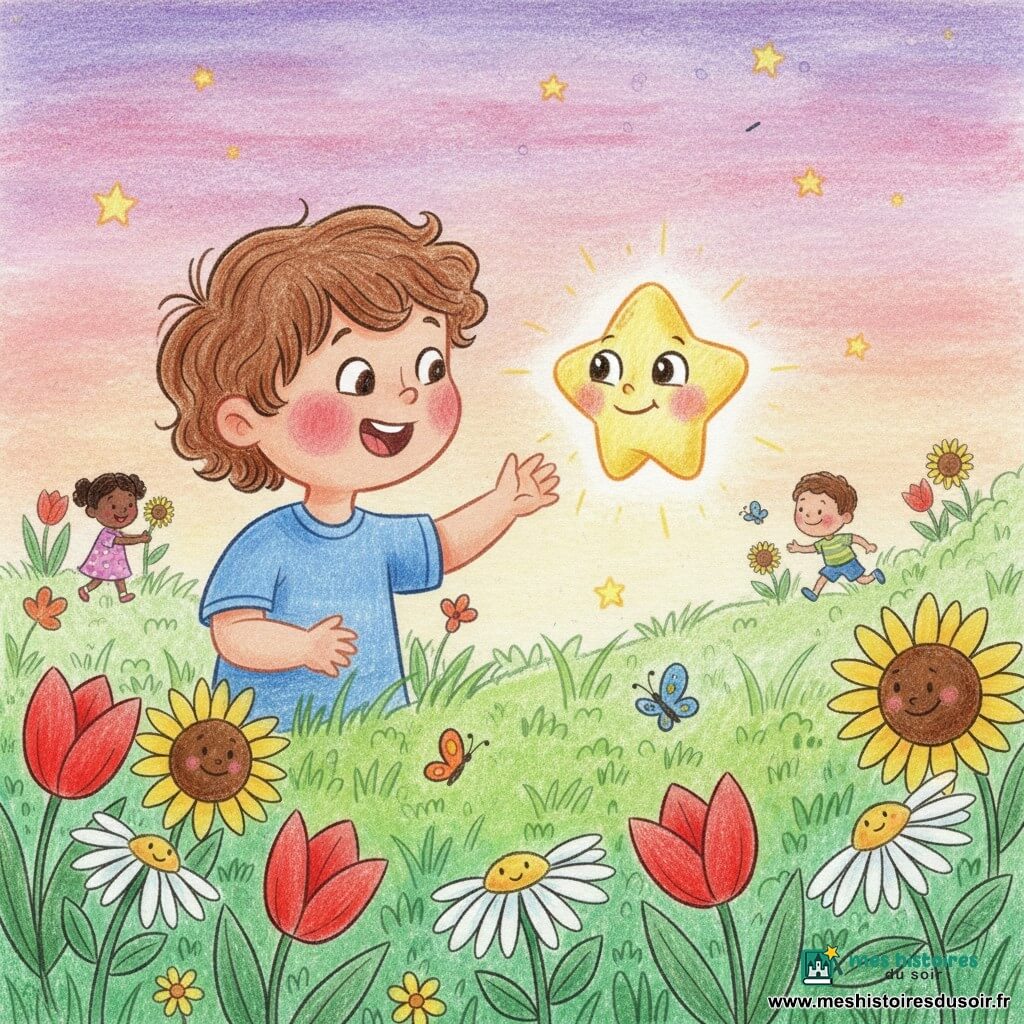 Léo, garçon de 2 ans aux cheveux bruns et joues roses, sourit émerveillé en tendant la main vers Stella, une petite étoile brillante aux yeux pétillants qui flotte au-dessus de fleurs colorées dans un jardin au crépuscule violet et rose ; ils se regardent au centre de la scène, entourés de papillons, dans un style naïf aux traits de crayon épais et aux couleurs douces.