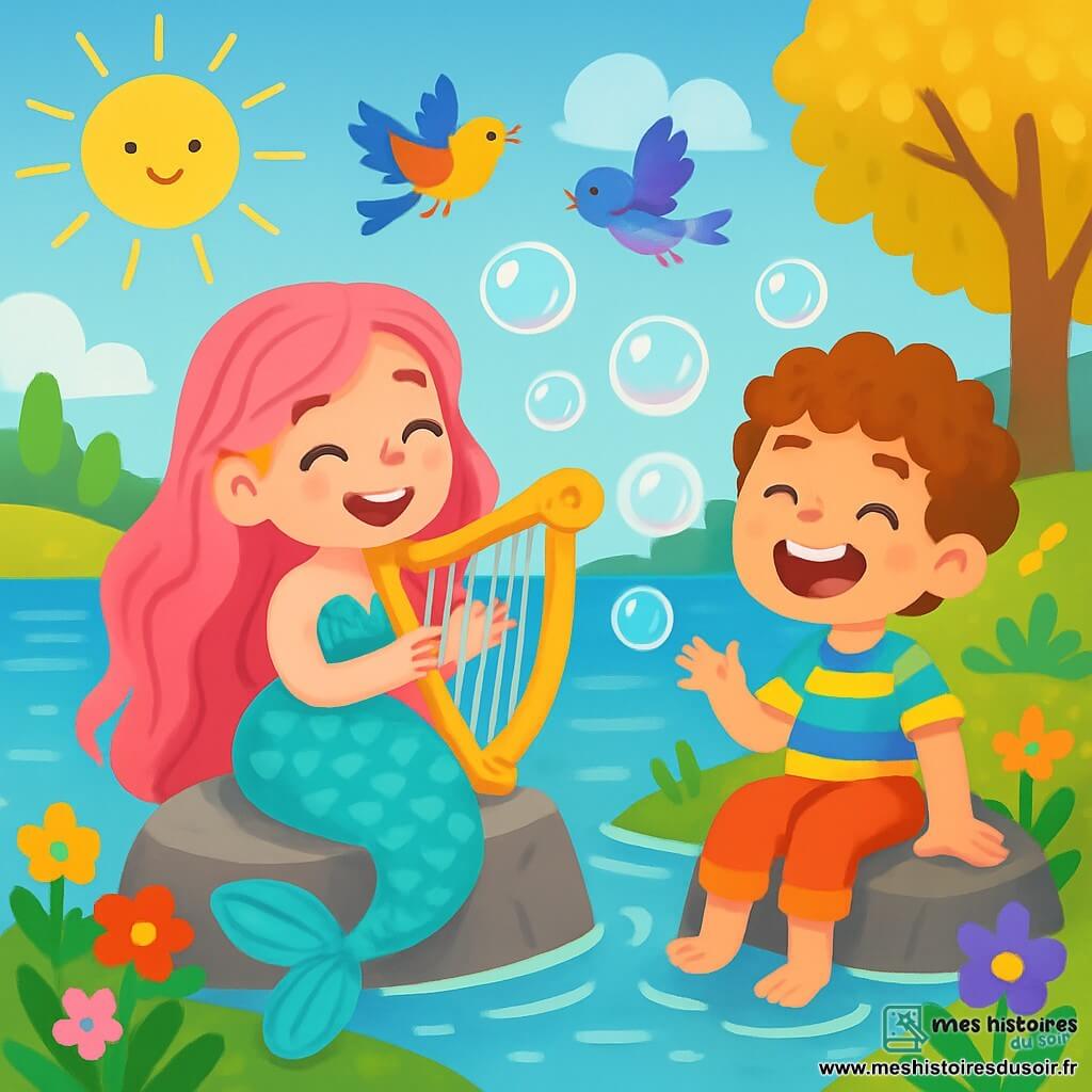 Une sirène joyeuse, Lulu, avec des écailles turquoise et des cheveux roses, joue de la harpe sur un rocher au bord d'un lac étincelant. Son visage rayonne de bonheur tandis qu'elle sourit à ses amis. À côté d'elle, Clémentino, un garçon de 8 ans aux cheveux bouclés, rit en faisant apparaître des bulles de savon magiques. Il est assis sur un rocher, les pieds dans l'eau, prêt à raconter une blague. En arrière-plan, le lac arc-en-ciel brille sous le soleil, entouré de fleurs multicolores et d'arbres aux feuilles dorées, tandis que des oiseaux volent dans le ciel. Lulu et Clémentino partagent des rires et des blagues, créant une ambiance joyeuse.