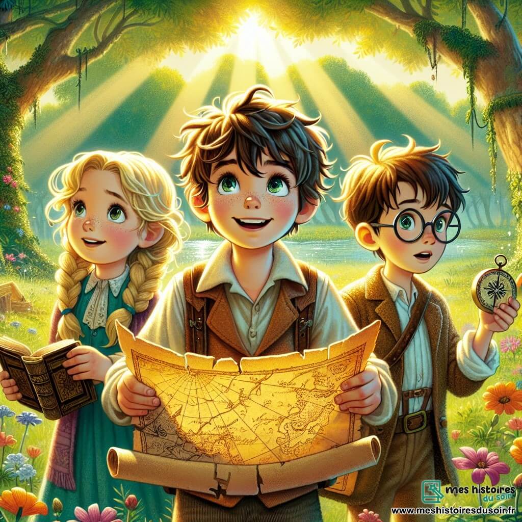 Dans une clairière ensoleillée, trois petits aventuriers se tiennent ensemble. Hugo, un garçon de neuf ans aux cheveux ébouriffés, brandit un vieux parchemin avec un grand sourire. À sa droite, Léa, une fille avec des tresses blondes et des lunettes rondes, observe attentivement la carte. À gauche, Tom, un garçon aux cheveux bruns et aux lunettes, tient une boussole ancienne, regardant le ciel avec émerveillement. Ils se trouvent dans un parc verdoyant avec de grands chênes et un étang scintillant. Les enfants sont en pleine exploration, prêts à résoudre une énigme pour découvrir un trésor caché, entourés de mystères à dévoiler.