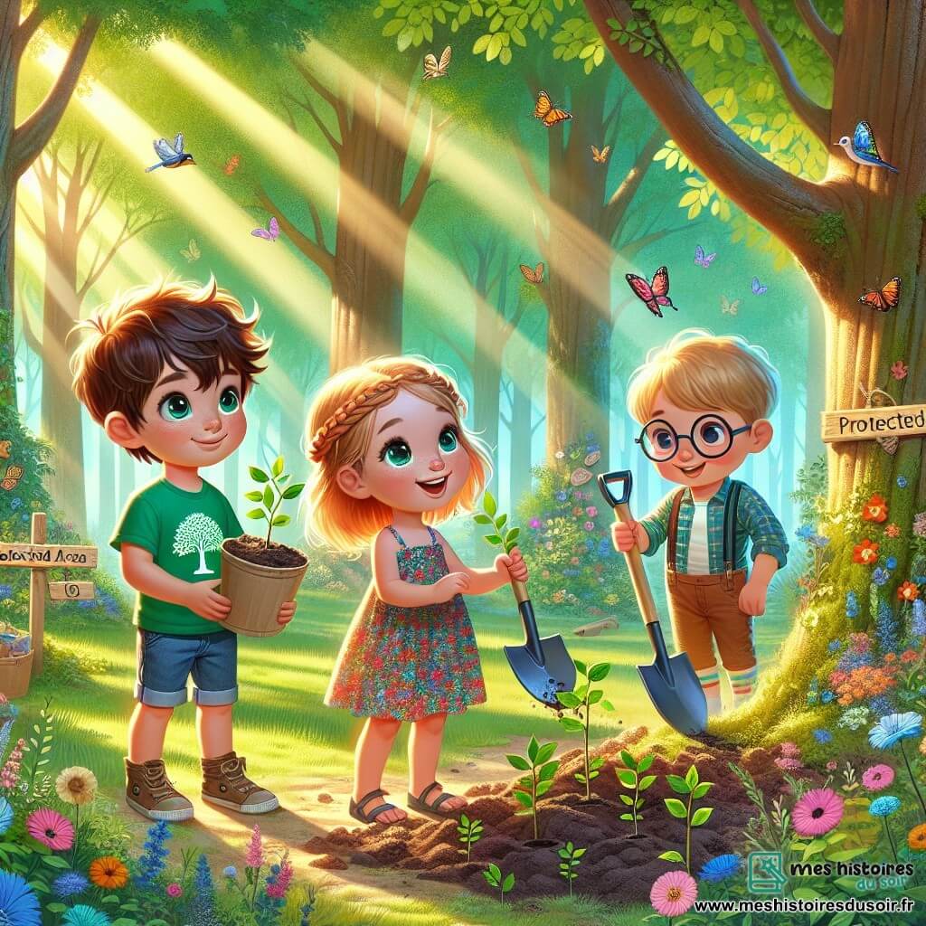 Illustration d'un garçon de 9 ans aux cheveux bruns en bataille et aux yeux curieux, portant un t-shirt vert avec un arbre et un short en denim, tenant une pelle en plastique et un seau de terre. À ses côtés, une fille de 8 ans avec des cheveux blonds tressés et une robe à fleurs, tenant un jeune arbre, et un garçon de 9 ans avec des lunettes rondes, tenant une pancarte "Protégeons la nature !". Ils se trouvent dans une clairière verdoyante entourée d'arbres majestueux, avec des rayons de soleil et des fleurs sauvages. Le groupe plante un arbre, symbolisant leur engagement pour la nature. Des oiseaux chantent, des papillons volent, et des panneaux "Zone protégée" ajoutent une touche joyeuse à l'illustration.