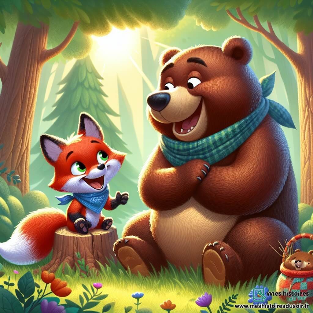 Félix le renard, un petit renard au pelage roux et aux yeux malicieux, est assis sur une souche d'arbre, riant avec espièglerie. Il porte un foulard bleu et ses oreilles sont dressées. À côté de lui, un ours jovial au pelage brun s'assoit sur l'herbe, riant de bon cœur avec un baluchon coloré à ses côtés. La scène se déroule dans une clairière ensoleillée, entourée d'arbres majestueux et de fleurs colorées, avec un doux rayon de soleil filtrant à travers les branches. Félix et l'ours discutent avec un vieux seau abandonné qui se plaint de son sort, créant une atmosphère joyeuse et ludique.