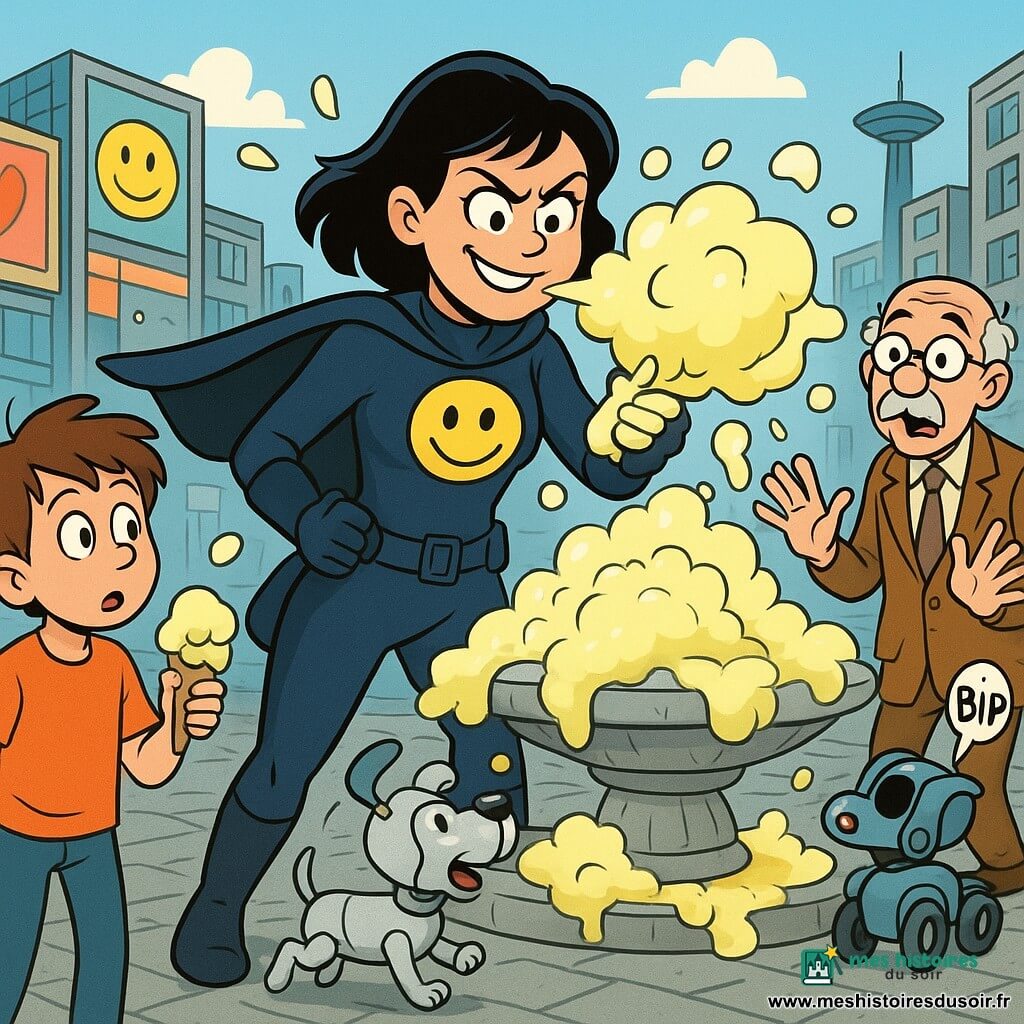 Capitaine Mousse, super-héroïne au sourire en coin, porte un costume bleu nuit avec cape courte et un grand logo bulle souriante; elle souffle une mousse banane épaisse depuis ses mains. À sa gauche, un garçon d’environ 8 ans, cheveux bruns en bataille, tient un cornet de glace fondant et regarde la mousse étonné. À droite, un homme d’environ 70 ans, moustachu et lunettes rondes, lève les bras surpris près d’une fontaine tandis qu’une trottinette autonome klaxonne. Un petit robot-chien argenté joue avec la mousse au premier plan. Sur la place centrale pavée, une grande fontaine déborde de mousse jaune, des panneaux publicitaires colorés et des immeubles modernes forment l’arrière-plan avec une tour de contrôle de drones au loin. Scène comique et dynamique, couleurs vives, contours nets et expressions exagérées à la manière de la bande dessinée franco-belge.