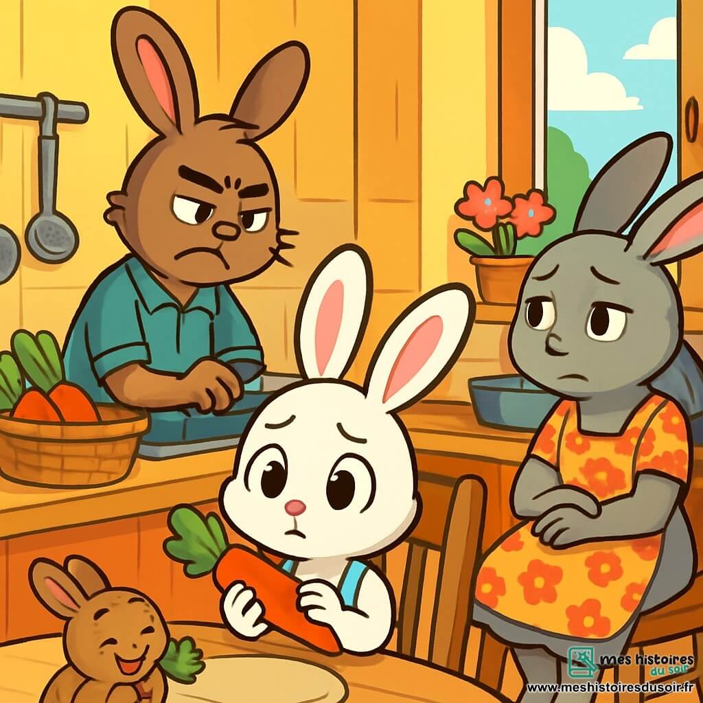Lila, une petite lapine aux grandes oreilles soyeuses et au pelage blanc éclatant, est assise à la table de la cuisine, préoccupée et curieuse, tenant une carotte. Son papa, un lapin brun fatigué, range des carottes près de l'évier, tandis que sa maman, une lapine grise en tablier fleuri, est assise, pensive. La cuisine est chaleureuse avec des murs jaunes, une fenêtre ouverte et des pots de fleurs colorés. Lila observe ses parents en discussion intense, créant une atmosphère tendue, tandis que son petit frère Noé grignote des feuilles de pissenlit, insouciant.