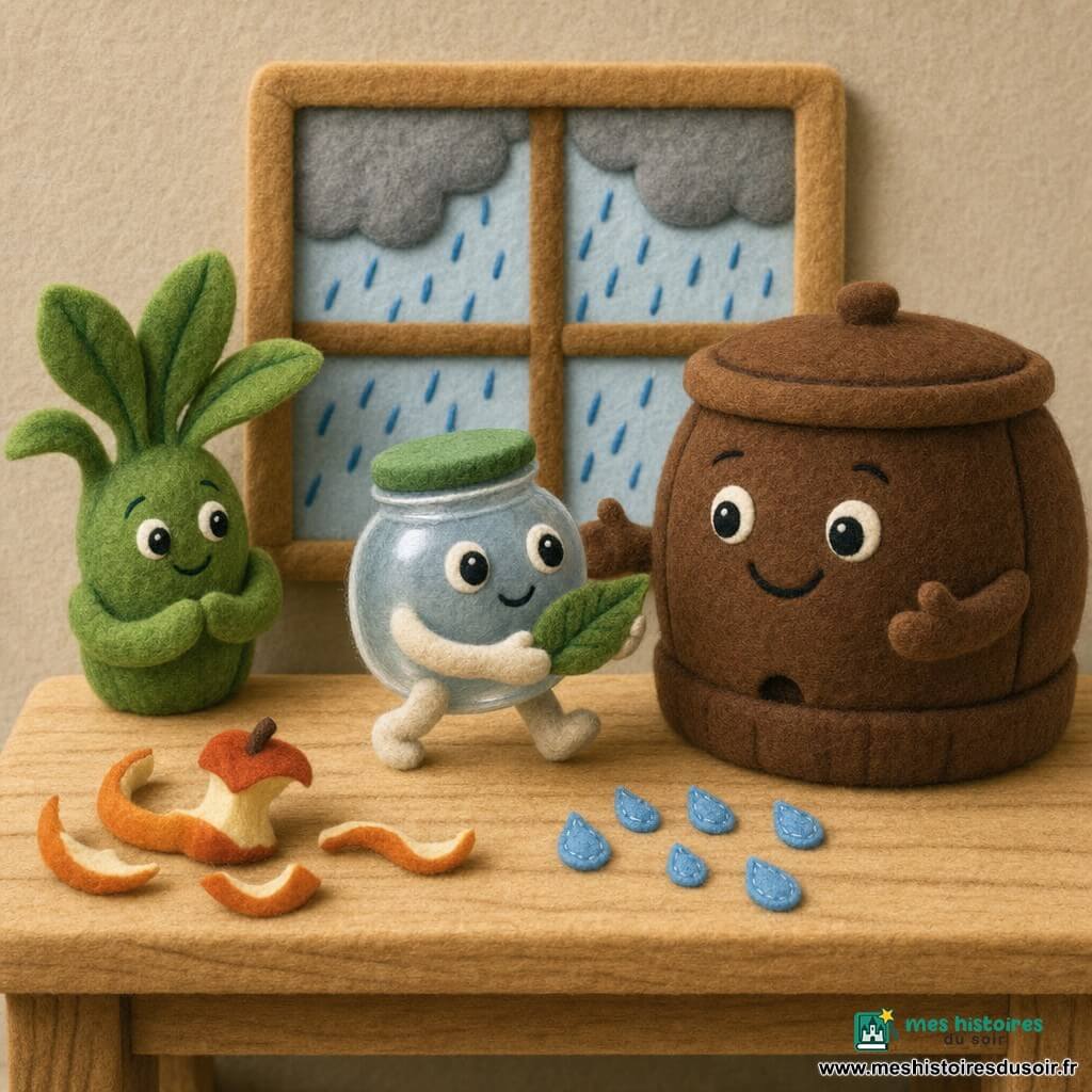 Petit Bocal, petit bocal en verre animé aux grands yeux cousus et sourire doux, tient une feuille verte en feutrine et avance vers Composteur Rond, grande poubelle de compost ronde en feutrine brune au visage brodé qui reçoit la feuille de ses bras, tandis qu'à gauche une petite plante en pot en feutrine incline ses larges feuilles en signe de remerciement; la scène centrée sur la table en bois claire, avec morceaux de peau de pomme et gouttes cousues, une fenêtre montre une pluie stylisée en fils bleus et nuages gris, lumière chaude, style feutrine tactile, formes nettes et couleurs vives.
