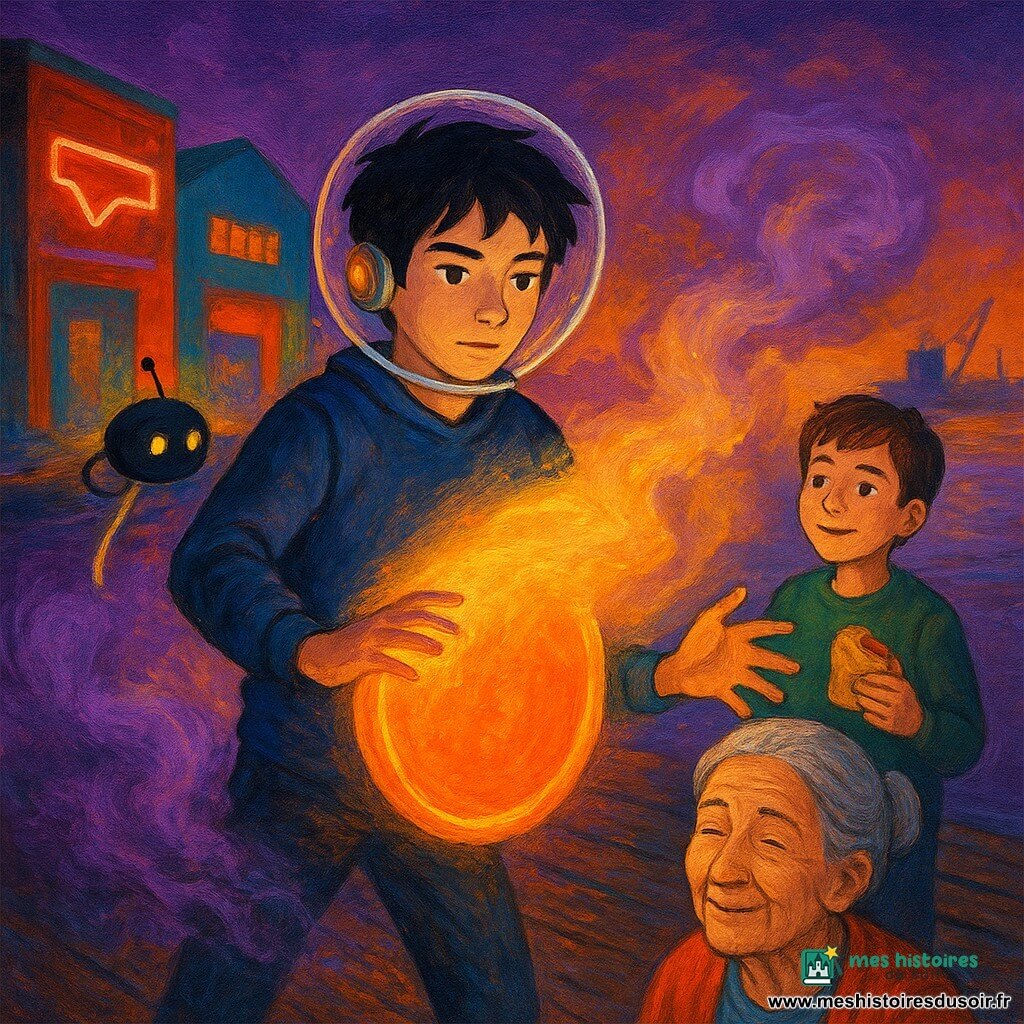 Maël, adolescent d'environ 15 ans, visage serein mais concentré, cheveux noirs en bataille et casque transparent bordé d'argent avec une petite lumière orange clignotante, tient un bouclier rond lumineux orange d'une main et dissipe de l'autre une brume violette qui se transforme en vapeur dorée ; à l'arrière, Lino, garçon d'environ 15 ans aux cheveux courts bruns et expression malicieuse, tient un sandwich et regarde Maël avec admiration depuis un quai des Docks de Néonville au crépuscule, quais en bois mouillés, entrepôts colorés et panneaux néon visibles ; au premier plan, une dame d'environ 70 ans aux cheveux gris en chignon, ridée mais souriante, reprend son souffle ; un petit drone noir rond nommé P’tit Bip, antenne timide et yeux lumineux, flotte près de Maël en s'éteignant, capturé par une corde lumineuse ; la scène montre la transition entre une fumée violette tourbillonnante et une brume dorée douce, reflets orange sur l'eau et les visages, style peinture acrylique aux coups de pinceau visibles, couleurs vives contrastées et éclairage dramatique venant du bouclier, composition centrée sur Maël en action.