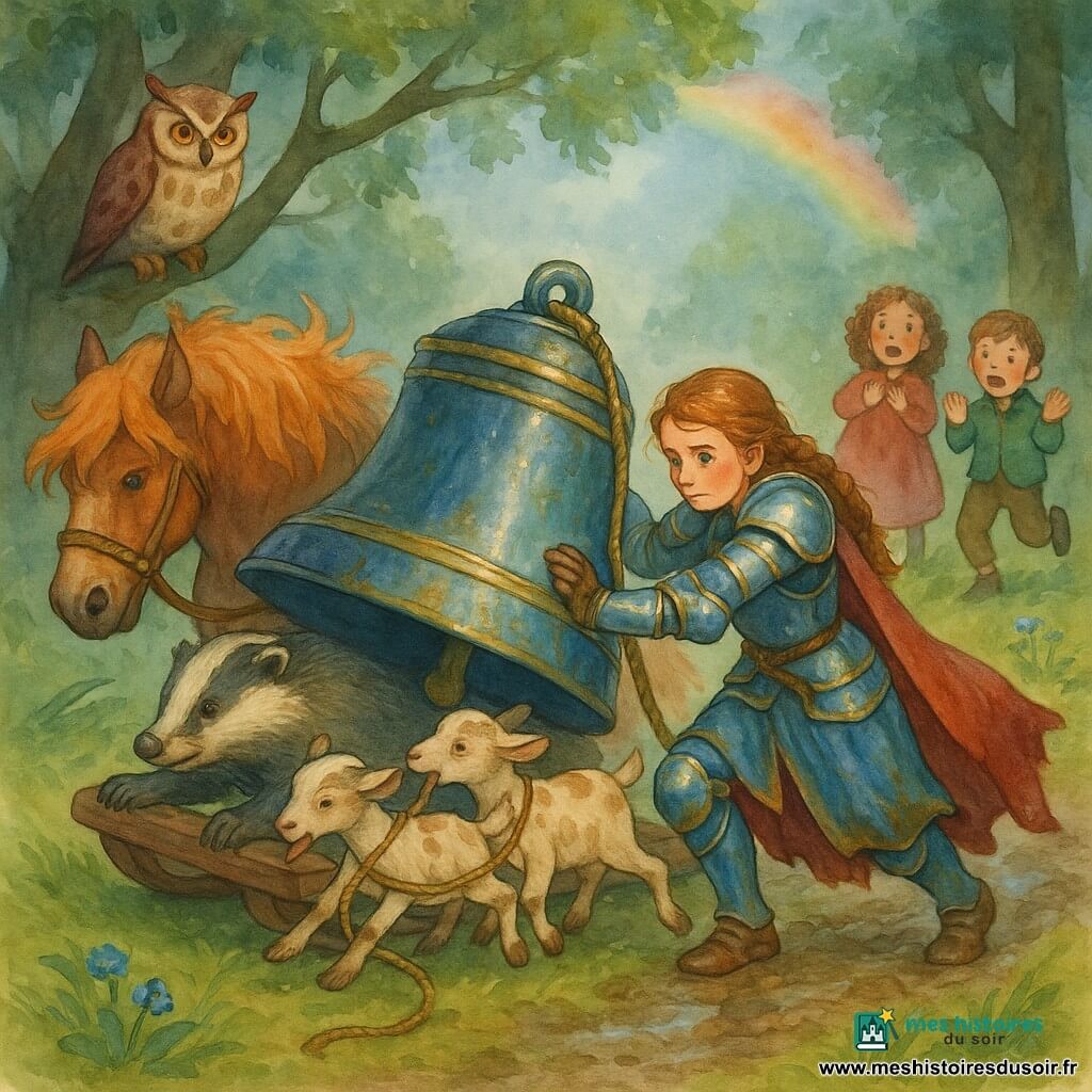 La chevaleresse au visage déterminé pousse de ses deux mains une grande cloche cabossée bleue et dorée posée sur un traîneau en bois, genoux sales et cape trempée ; à gauche, un grand cheval Flamme à la crinière orange tire en forçant, un blaireau robuste pousse à l'arrière, une chouette perchée observe, deux chevreaux joueurs tirent et freinent la corde, et deux enfants au bord de la clairière — une fille en robe rouge et un garçon en veste verte — regardent émerveillés ; la scène se déroule après la pluie dans une clairière boisée aux troncs sombres, herbe luisante, mousse et petites fleurs, ciel partiellement dégagé avec un arc‑en‑ciel, lumière douce et gouttes brillantes sur le métal.