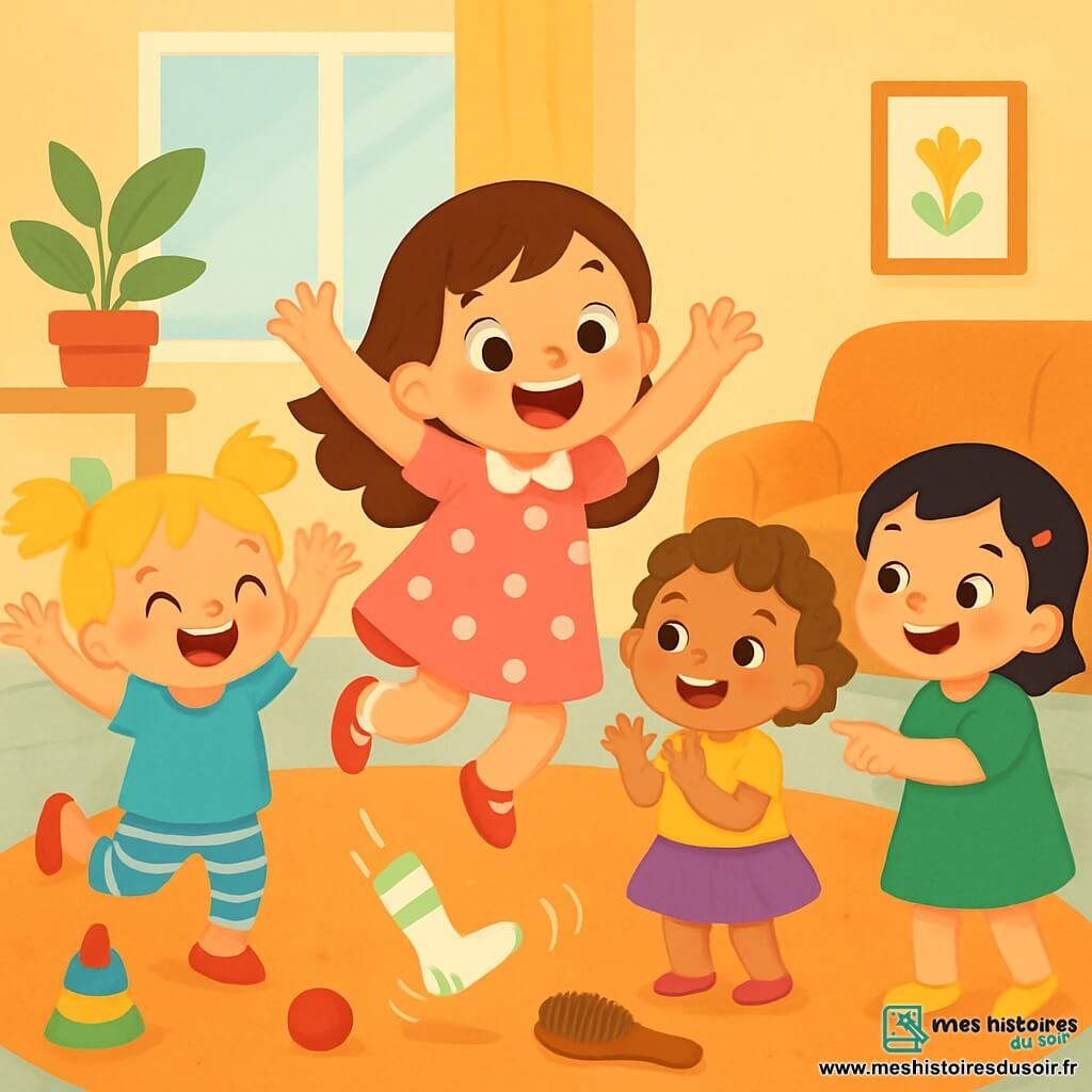 Quatre enfants s'amusent dans un salon coloré : Lila, 2 ans, en robe rose à pois, saute joyeusement ; Zoé, également 2 ans, sourit en t-shirt bleu et leggings rayés ; Mila, avec des cheveux bouclés châtains, tape des mains en jupe violette et t-shirt jaune ; Léa, en robe verte, rit en pointant une chaussette dansante. La pièce est éclairée par une lumière douce, créant une ambiance joyeuse. Les enfants jouent avec une chaussette qui saute et une brosse à cheveux qui roule, leurs visages sont rayonnants de bonheur.