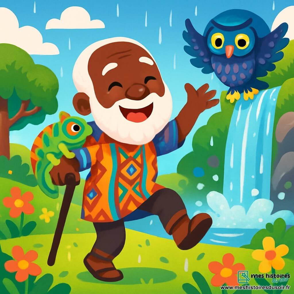 Un vieil homme nommé Kofi, avec une barbe blanche et des yeux sages, se tient au centre de la scène, souriant. Il porte une tunique colorée en tissu africain et tient une canne en bois d’ébène. À ses côtés, un petit caméléon aux couleurs éclatantes grimpe sur son épaule. En arrière-plan, un esprit malicieux nommé Nzuri, avec des yeux brillants et un manteau de plumes, observe la scène caché derrière une cascade. Le lieu est une colline colorée, parsemée de fleurs et de grands arbres, sous un ciel bleu clair. Kofi danse joyeusement avec Nzuri, tandis que des gouttes de pluie commencent à tomber, nourrissant la terre et faisant briller les couleurs de la nature.