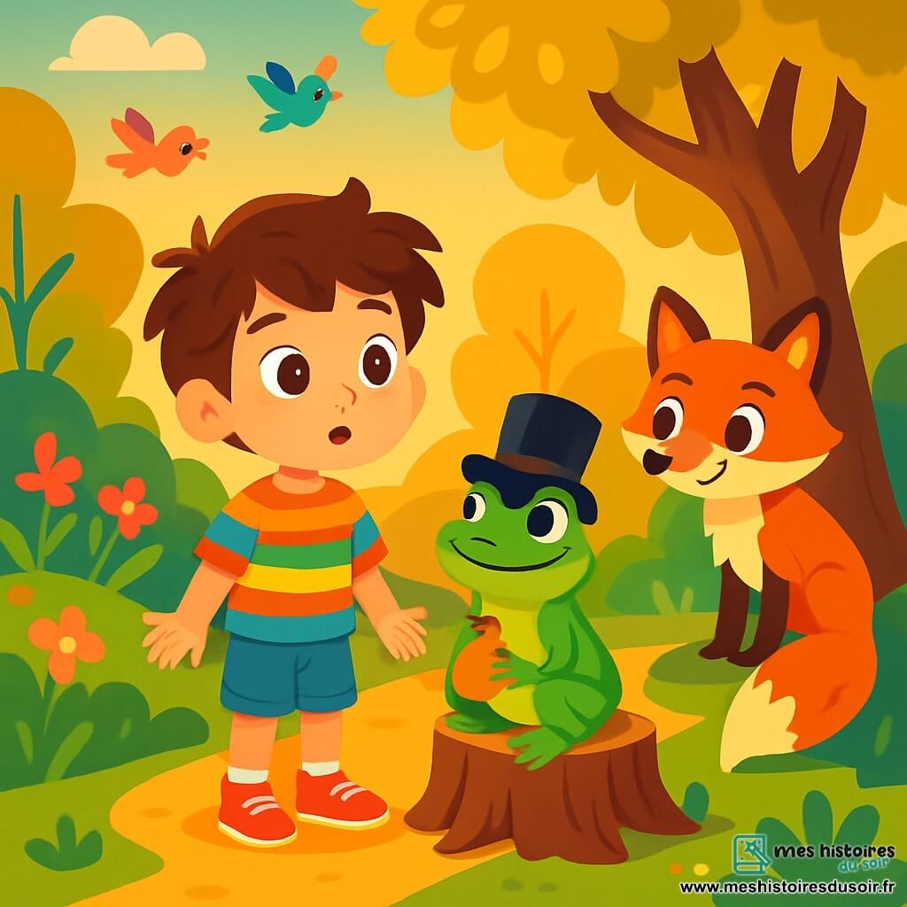 Un garçon de 8 ans, Jules, avec des yeux pétillants et des cheveux bruns en désordre, se tient au centre de l'image. Il porte une chemise à rayures colorées et des chaussures rouges. Son visage exprime une curiosité émerveillée, prêt à poser une question. À côté de lui, une grenouille au chapeau haut-de-forme, avec une peau verte brillante, est assise sur une souche d'arbre, tenant une petite bourse. Un renard à la queue touffue, avec un pelage roux, observe la scène d’un air espiègle. Le décor est un chemin sinueux bordé de buissons fleuris et d'arbres aux feuilles d'or, baigné par la lumière dorée du soleil couchant. Jules pose une question à la grenouille, tandis que le renard écoute derrière un arbre. L'atmosphère est enchantée, remplie de mystère et de sagesse.