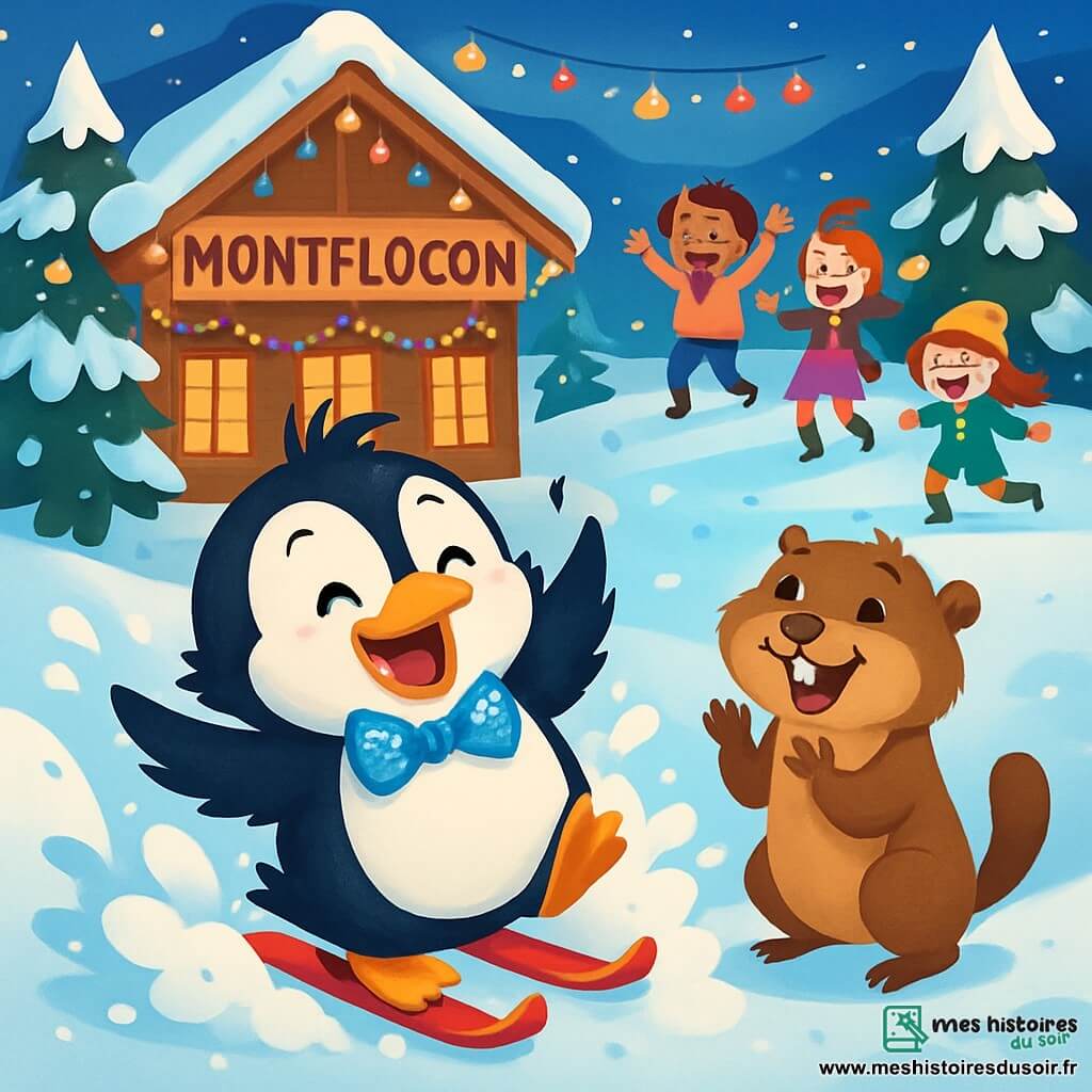 Polo, un pingouin joyeux avec un nœud papillon bleu à motifs de flocons, glisse sur des skis miniatures, les plumes ébouriffées et le sourire éclatant, au milieu d'une descente enneigée. À côté de lui, Lila, une marmotte espiègle avec un pelage brun et des yeux pétillants, applaudit en sautillant sur ses pattes arrière. En arrière-plan, la station de ski de Montflocon est décorée de guirlandes scintillantes et de lanternes colorées, entourée de sapins chargés de neige. La scène montre Polo tombant dans un tas de neige, éclaboussant des flocons autour de lui, tandis que des enfants rient et dansent, célébrant la magie du Nouvel An.