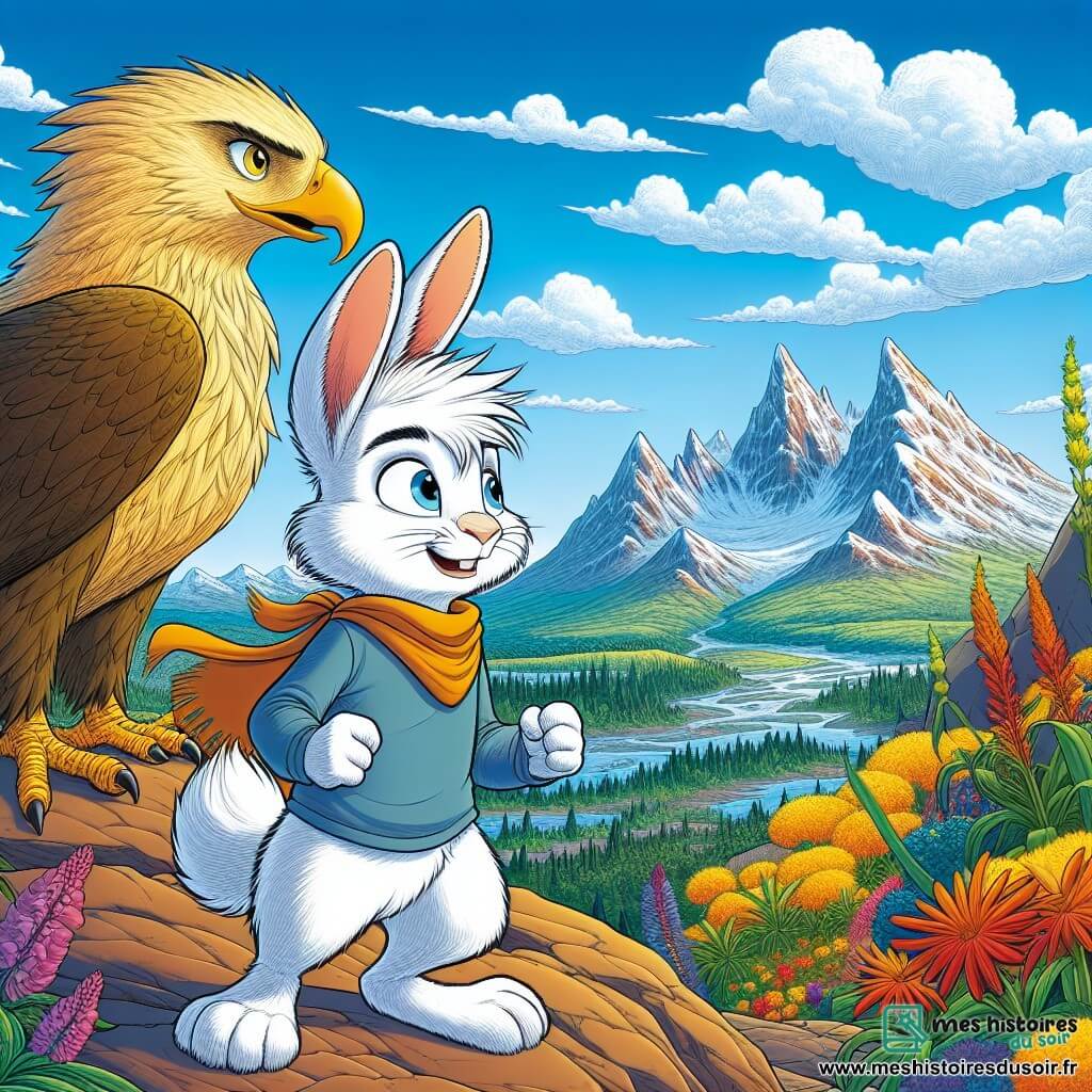Théo, un lapin aux grandes oreilles et à la fourrure blanche, se tient sur un rocher, émerveillé par un paysage enchanteur. Ses yeux brillent d'excitation et de détermination. À côté de lui, un aigle aux plumes dorées, sage et encourageant, semble prêt à partager sa sagesse. Ils se trouvent sur la Montagne de Contemplation, entourés de sommets enneigés, d'un ciel bleu et de fleurs colorées. Théo réfléchit à sa place dans le monde, prêt à embrasser les leçons de son voyage.