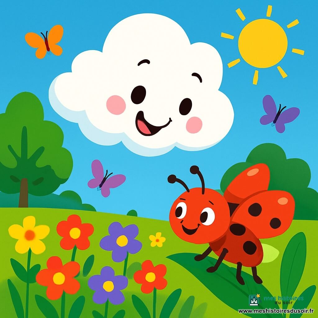 Un petit nuage blanc et rond flotte dans un ciel bleu avec un grand sourire, curieux d'observer un champ de fleurs colorées en dessous. Près de lui, une coccinelle rouge à pois noirs grimpe sur une feuille verte, admirant le nuage avec ses ailes brillantes prêtes à s'envoler. Le champ est rempli de fleurs jaunes, rouges et violettes sous un ciel ensoleillé, avec des arbres majestueux en arrière-plan et des papillons colorés qui ajoutent de la magie à la scène. Le nuage descend doucement vers le champ, prêt à découvrir la beauté de la nature et à rencontrer ses nouveaux amis.