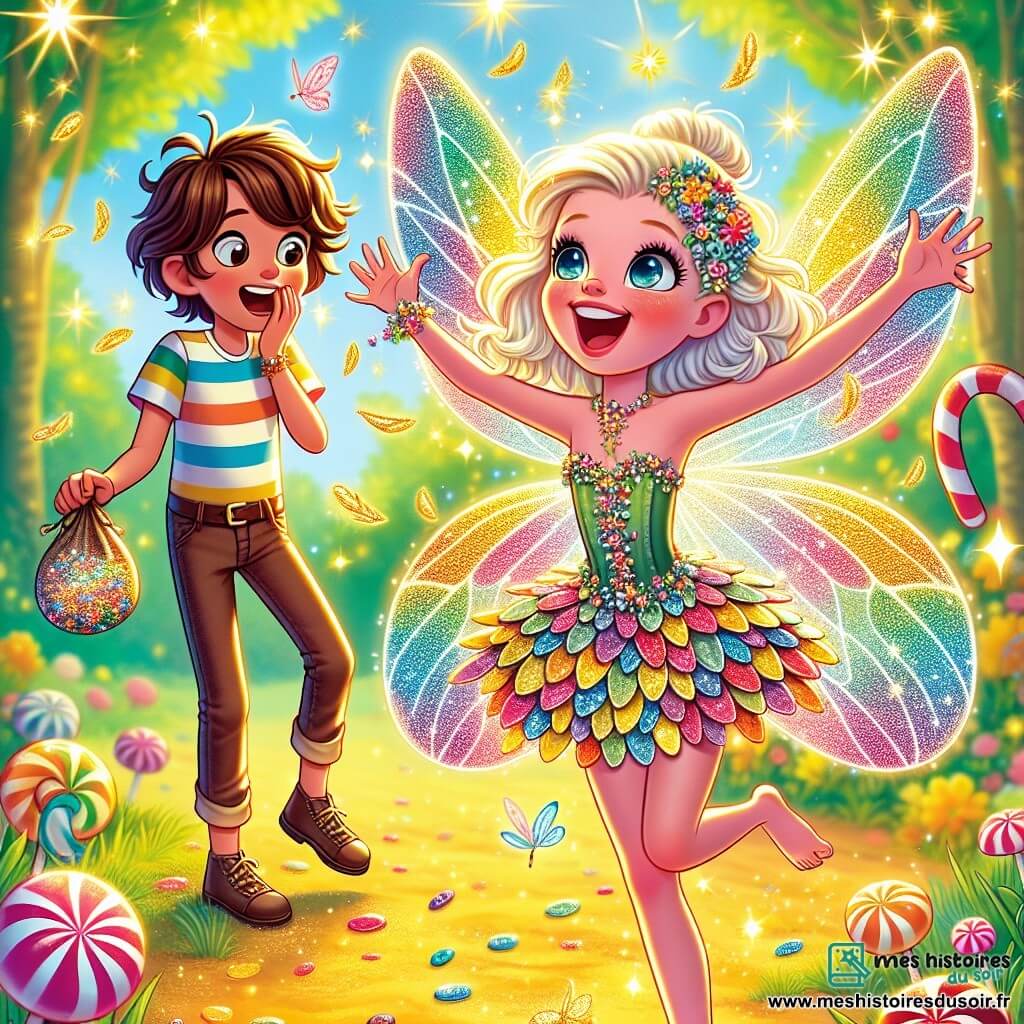 Une fée pétillante nommée Paillette, avec des ailes scintillantes aux couleurs de l'arc-en-ciel, danse joyeusement dans une clairière ensoleillée. Son visage est illuminé par un large sourire, et elle porte une robe en pétales de fleurs multicolores. À proximité, Léo, un garçon de 10 ans aux cheveux couleur chocolat et aux yeux pétillants, observe la fée avec émerveillement. Il est vêtu d'un t-shirt rayé et d'un short en jean, tenant un sac rempli de plumes chatoyantes. La clairière est entourée d'arbres en sucre d'orge, avec un sol en mousse et des fleurs en bonbon dansant au vent. Paillette et Léo préparent une blague enchantée pour faire rire le village, tandis qu'une pluie de paillettes dorées tombe autour d'eux, créant une atmosphère festive.