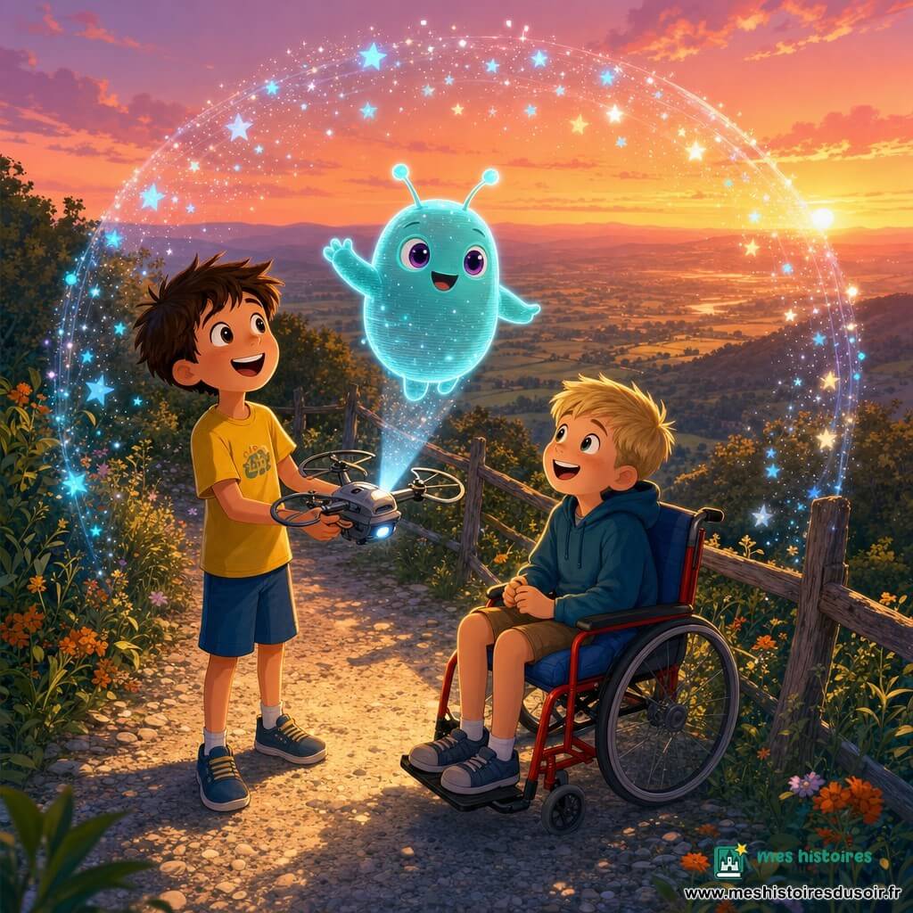 Trois personnages : Léo, garçon de 8 ans aux cheveux bruns en bataille, grand sourire, T-shirt jaune et short bleu, debout à gauche tenant délicatement un petit drone réparé ; Tom, garçon de 8 ans aux cheveux blonds courts, visage concentré mais souriant, assis en fauteuil roulant à droite ; et Zog, extraterrestre holographique rond à peau turquoise translucide, grands yeux violets et antennes lumineuses, flottant au-dessus du drone et faisant un geste de bienvenue. Ils se tiennent sur un sentier en balcon au coucher du soleil, bordé de buissons et de fleurs sauvages, avec vue sur une vallée dorée et des collines lointaines, ciel rose-orangé et lumière chaude contrastant avec les reflets froids de l’hologramme. Le drone projette un rideau d’étoiles argentées et bleues formant une voûte brillante autour des enfants, petites étincelles lumineuses autour, Zog souriant et gesticulant amicalement, expressions d’émerveillement sur les visages de Léo et Tom, ambiance magique et douce.