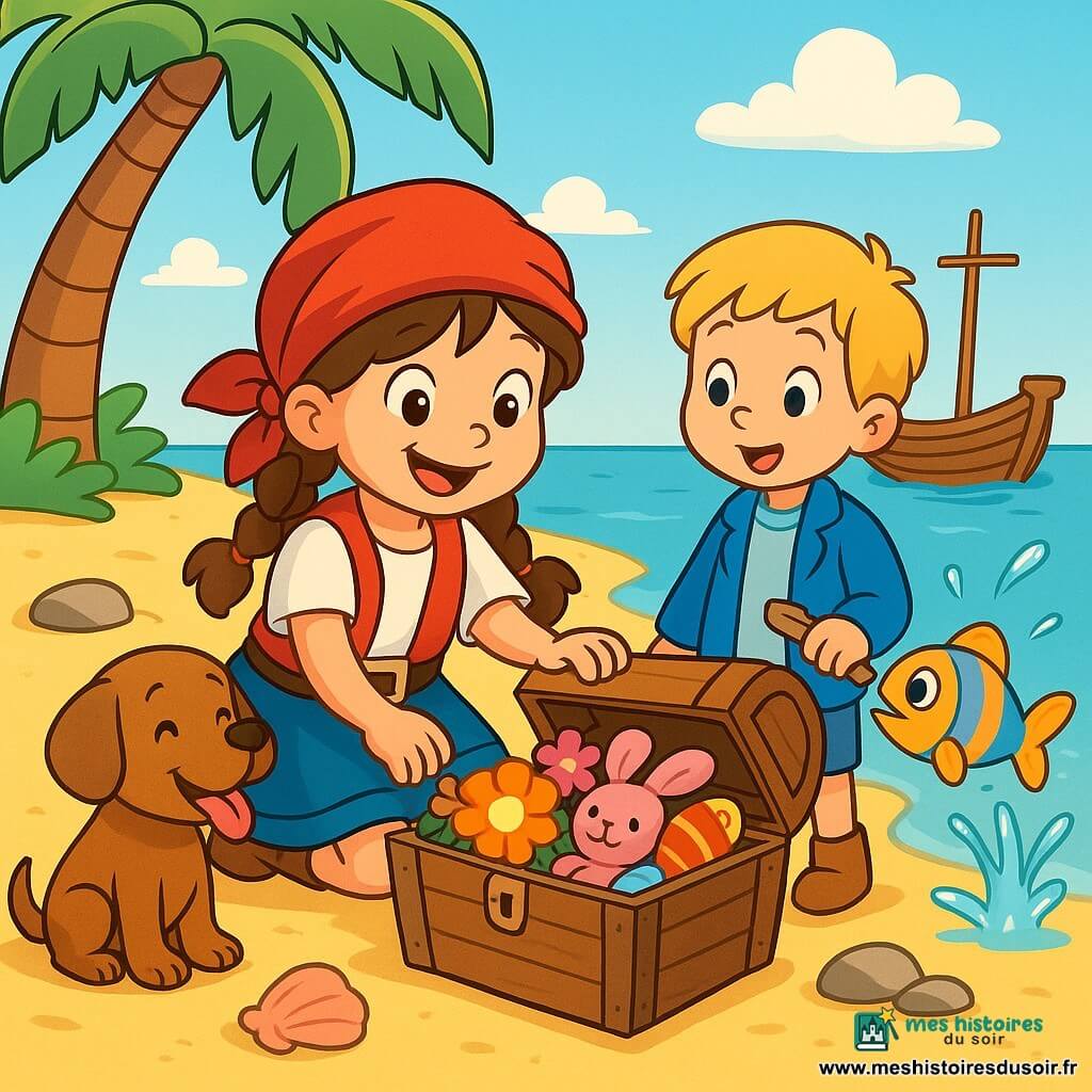Une fillette pirate d’environ 8 ans au visage rond et sourire large, chapeau rouge froissé, cheveux bruns en deux nattes et yeux pétillants, est assise sur le sable en train d’ouvrir un coffre en bois rempli de fleurs, gâteaux colorés et doudou ; à ses côtés un garçon d’environ 6 ans aux cheveux blonds et petite veste bleue tient une petite pelle, émerveillé, un petit chien brun remuant la queue est assis près d’elle, un poisson coloré saute hors de l’eau à droite du bateau en projetant des éclaboussures, le tout sur une île au sable doré avec une palme penchée, coquillages roses, rochers lisses et un bateau en bois miniature amarré, sous une douce lumière de soleil créant une ambiance chaleureuse, câline et ludique.