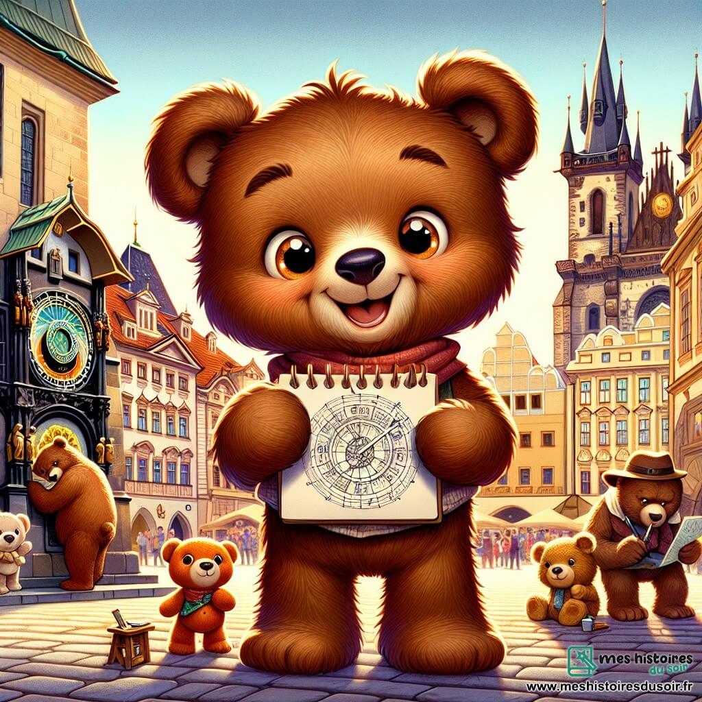 Oscar, un ours brun aux yeux pétillants et à la fourrure douce, est sur la place de la Vieille Ville de Prague, souriant, avec son carnet de croquis dans une patte et son doudou Mini-O dans l'autre. Sa maman ours, au pelage doré, le regarde tendrement, tandis que son papa ours, robuste et avec un chapeau de voyage, examine une carte. La place est animée, entourée de bâtiments colorés et de l'horloge astronomique majestueuse en arrière-plan, ses aiguilles dorées scintillant au soleil. Oscar, excité, s'apprête à dessiner l'horloge tout en cherchant son doudou Mini-O qui vient de tomber, créant une atmosphère d'aventure.