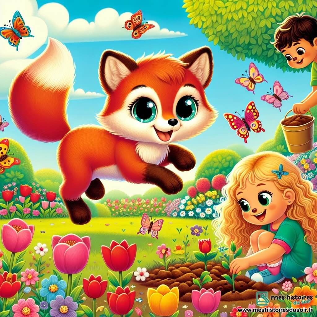 Illustration d'un petit renard aux poils roux et soyeux, avec de grands yeux curieux et un sourire joyeux, sautant dans un champ de fleurs colorées, entouré de tulipes rouges, jaunes et roses, avec des papillons volant autour de lui. À proximité, une petite fille aux cheveux blonds et bouclés, en robe rose, plante des graines dans le jardin, concentrée et souriante. Un petit garçon aux cheveux bruns, en t-shirt vert, tient un seau de terre et regarde la fille avec enthousiasme. Le jardin est en plein printemps, sous un ciel bleu clair, avec des arbres verdoyants et des papillons colorés. La scène montre le renard interagissant avec les enfants, tous ensemble en train de planter des fleurs. Des abeilles, des oiseaux chantant et un léger arc-en-ciel ajoutent une touche magique à cette scène printanière.
