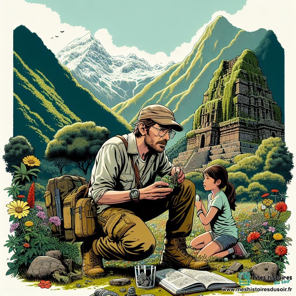 Illustration d'une clairière verdoyante au cœur des Andes, entourée de montagnes aux sommets enneigés. Le sol est parsemé de fleurs colorées et de pierres anciennes, tandis qu'un temple inca en ruines, recouvert de lianes, émerge de la végétation. Au centre, un homme d'une trentaine d'années, cheveux bruns en bataille et lunettes métalliques, est accroupi, sourire émerveillé. Il porte une casquette beige, une chemise à manches courtes et un pantalon cargo, tenant un carnet et un pinceau, prêt à nettoyer un artefact ancien. À ses côtés, une jeune fille d'environ douze ans, cheveux bouclés et peau bronzée, observe avec fascination, portant un t-shirt coloré et un short, avec un petit sac à dos d'outils d'archéologie. La scène montre l'homme découvrant une figurine en terre cuite d'un lama, tandis que la jeune fille se penche, les yeux brillants d'excitation. En arrière-plan, des rayons de soleil percent les nuages, illuminant le temple et créant une atmosphère magique d'aventure et de découverte.