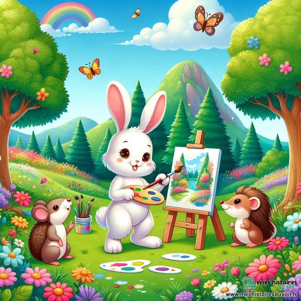 Illustration d'un grand parc ensoleillé, rempli de fleurs colorées et d'arbres majestueux. Au centre, un jeune lapin de 9 ans au pelage soyeux blanc et aux grandes oreilles peint sur un chevalet, concentré sur un paysage forestier. À côté, une petite souris de 9 ans avec un pelage marron et des yeux pétillants ajoute des détails à son dessin, tandis qu'un hérisson de 9 ans aux piquants bruns admire leurs œuvres avec un sourire. La scène est joyeuse et créative, avec des éclaboussures de peinture colorée et un ciel bleu clair parsemé de nuages blancs. Des papillons virevoltent autour, apportant une touche de magie à ce moment d'amitié et de découverte.