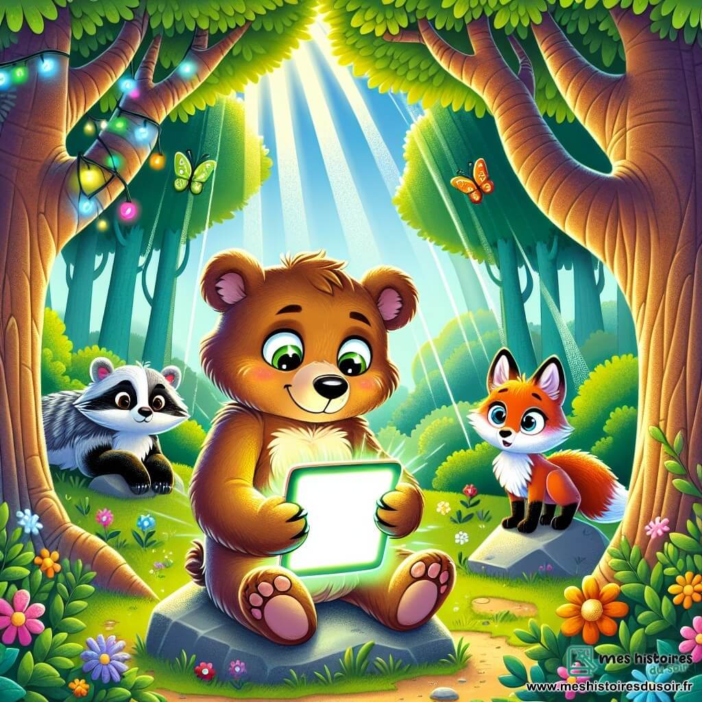 Illustration d'une clairière ensoleillée dans une forêt verdoyante, avec de majestueux arbres aux troncs épais et des feuilles éclatantes. Au centre, un jeune ours brun de 11 ans, au pelage doux et aux yeux curieux, est assis sur un rocher, tenant une tablette lumineuse projetant des couleurs vives sur son visage. À côté, une renarde rusée de 10 ans, avec un pelage orange vif et des yeux malicieux, observe l'écran avec intérêt. En arrière-plan, un blaireau de 11 ans, au pelage gris et aux rayures blanches, croise les bras avec une expression préoccupée. La scène illustre l'ours absorbé par son écran, tandis que ses amis échangent des regards inquiets, symbolisant le dilemme entre le monde numérique et la vie réelle, entourés de fleurs colorées et de papillons.