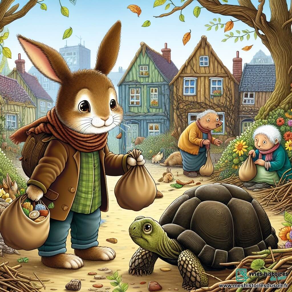 Illustration d'un quartier pauvre avec des maisons en branches et feuilles jaunies, des jardins envahis de ronces et de fleurs fanées. Au centre, un petit lapin de 11 ans, au pelage brun et aux grandes oreilles, se tient debout avec un sac de provisions, regardant avec compassion les animaux autour de lui. Près de lui, une vieille tortue de 70 ans, à la carapace rugueuse et aux yeux sages, observe avec un sourire bienveillant, tandis qu'un hérisson plus jeune fouille le sol, l'air triste. Le lapin tend la patte vers les autres animaux, prêt à partager ses provisions, symbolisant l'entraide. En arrière-plan, des arbres feuillus et un ciel ensoleillé apportent chaleur, tandis que des fleurs colorées émergent du sol, représentant l'espoir et le renouveau.