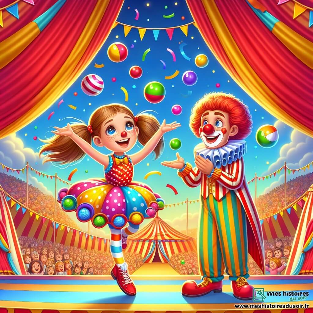 Illustration d'un cirque coloré sous un ciel bleu, avec des tentes rayées rouges et jaunes. Au centre, une petite fille de 7 ans, avec de longs cheveux bruns en couettes, porte une robe à pois multicolores et des chaussures rouges. Elle jongle avec des balles colorées, souriante. À ses côtés, un clown jovial d'environ 30 ans, avec un nez rouge et un costume à rayures, applaudit tout en jonglant avec des assiettes. La scène est joyeuse et dynamique, remplie de rires et de magie, avec des confettis dans l'air et des spectateurs émerveillés en arrière-plan.