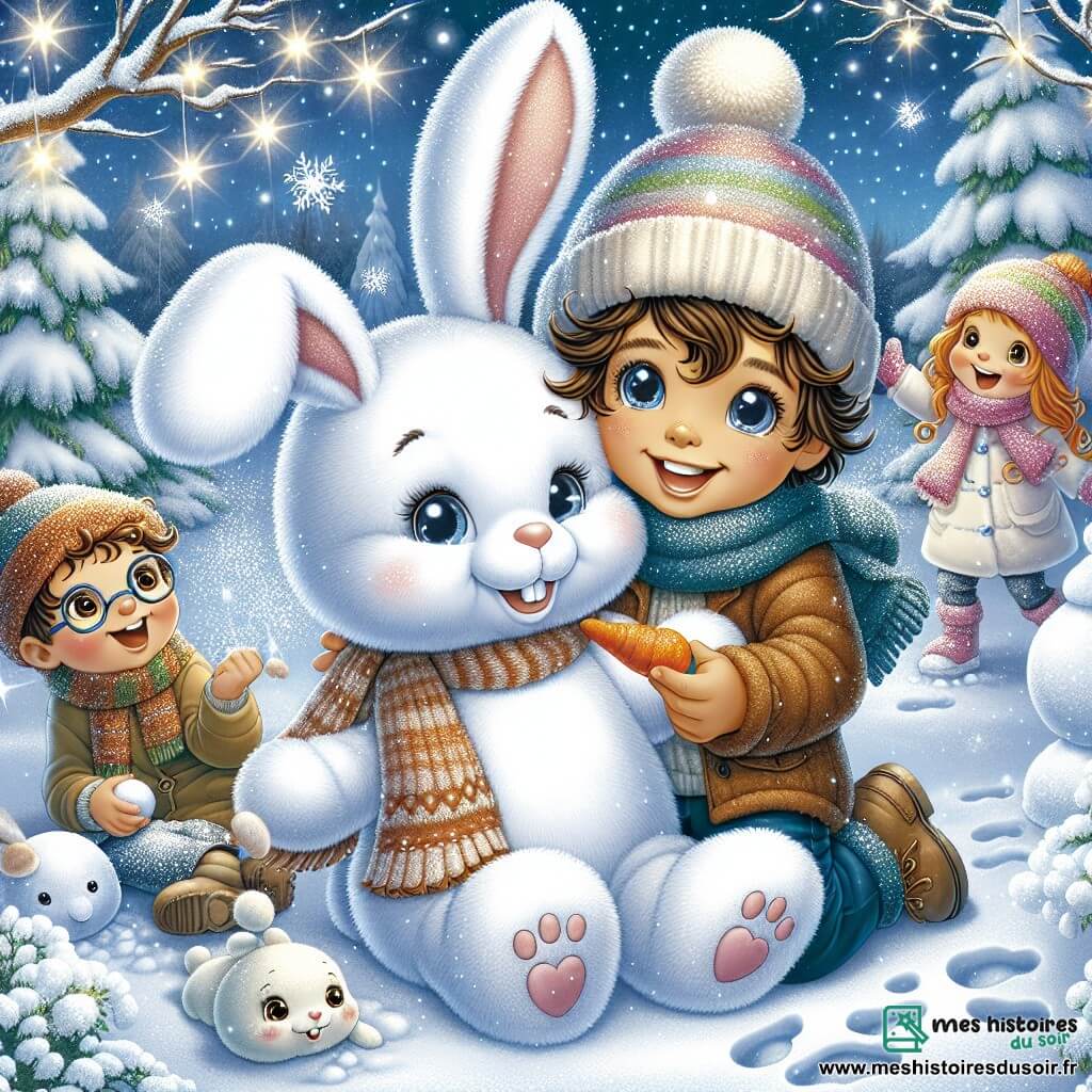 Illustration d'une scène hivernale féerique dans une cour de récréation couverte de neige. Au premier plan, un lapin en peluche se trouve sur l'épaule d'un garçon de 11 ans, souriant et tenant une carotte pour le nez d'un bonhomme de neige qu'ils ont construit. À côté, une fille de 11 ans, avec des cheveux bouclés et un bonnet coloré, rit en lançant une boule de neige, tandis qu'un autre garçon, aux lunettes rondes, admire les flocons tombants. La scène respire la camaraderie et la joie, avec des sapins enneigés en arrière-plan et des traces de pas menant à un fort de neige. La lumière scintille sur la neige, créant une ambiance magique.