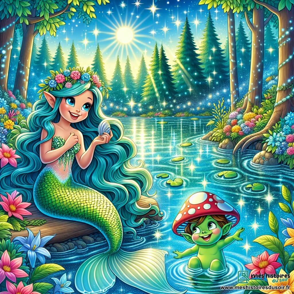 Illustration d'une scène magique au bord d'un lac étincelant, entouré de fleurs colorées et de grands arbres aux feuilles scintillantes. La surface de l'eau reflète les rayons du soleil, créant des éclats de lumière bleus et verts. Au centre, une sirène aux écailles brillantes comme des diamants, avec une chevelure turquoise, est assise sur un rocher, souriante et tenant un coquillage. À ses côtés, un petit lutin espiègle, avec une peau verte et des oreilles pointues, porte un chapeau en forme de champignon et semble prêt à faire une blague. La scène montre la sirène et le lutin en conversation, entourés de bulles de joie, tandis qu'un dragon scintillant s'approche d'eux, intrigué. Des éclats de lumière et des paillettes flottent dans l'air, ajoutant une touche de magie.