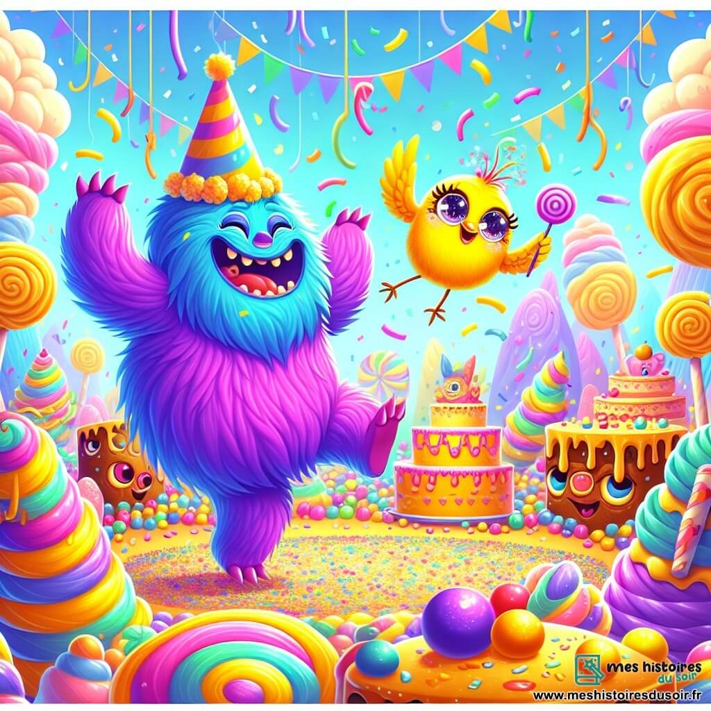 Illustration d'une scène joyeuse dans le Pays des Sucreries, avec des arbres en bonbons colorés sous un ciel bleu pastel et des nuages de barbe à papa. Un grand monstre violet, aux yeux ronds et au sourire chaleureux, danse en soulevant des confettis de sucre. À ses côtés, un petit oiseau jaune aux plumes brillantes vole en chantant. En arrière-plan, des gâteaux colorés dansent en cercle, tandis qu'un bonbon caramel les observe avec un sourire timide, tenant un bâton de réglisse. L'atmosphère est festive et magique, mêlant amitié et délices sucrés.