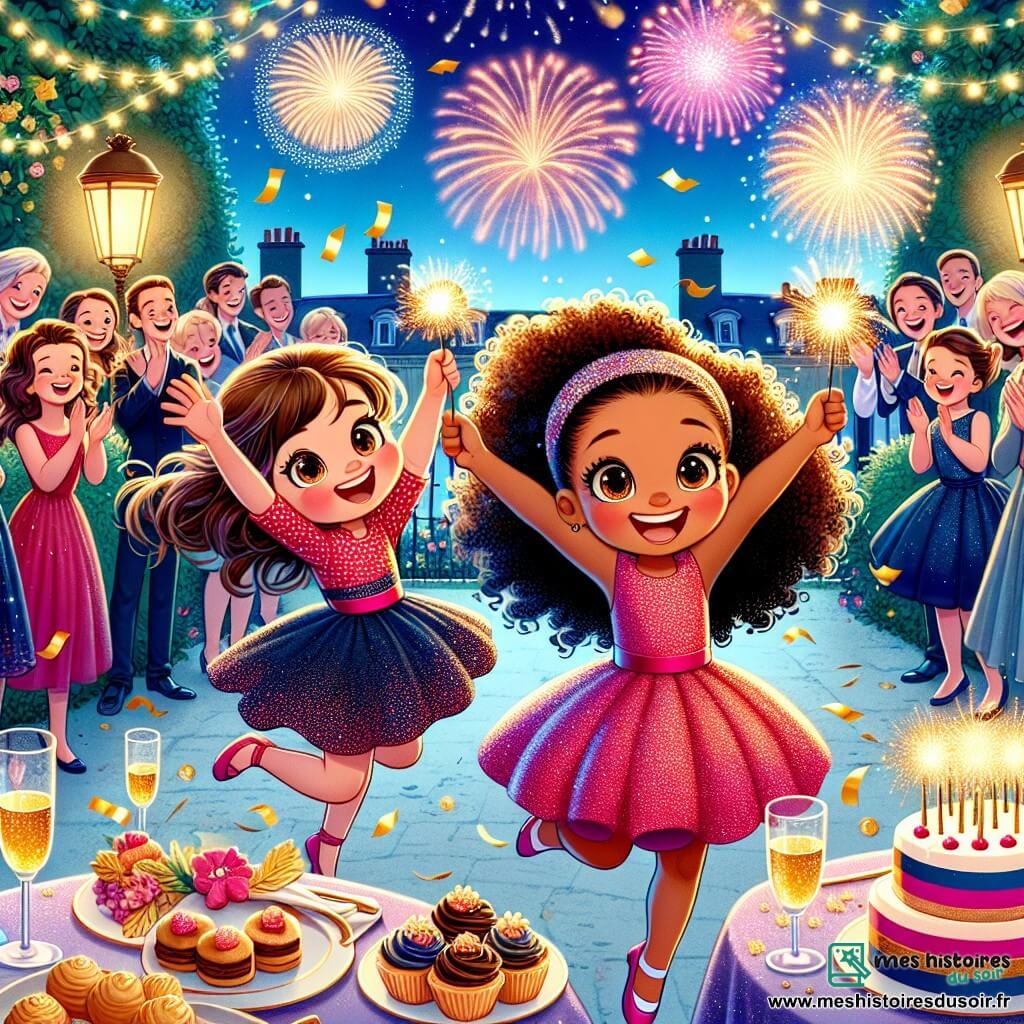 Illustration d'une scène festive dans un jardin parisien illuminé par des guirlandes scintillantes. La nuit étoilée est animée par des feux d'artifice colorés. Au centre, trois petites filles de huit ans aux cheveux bouclés s'amusent. La première, en robe rouge à pois blancs, saute de joie. La deuxième, en robe rose pailletée, tient un gâteau en forme de feu d'artifice. La troisième, en robe bleue, applaudit avec enthousiasme. En arrière-plan, parents et voisins sourient et applaudissent, créant une ambiance chaleureuse. Des confettis dorés flottent dans l'air, et des tables sont garnies de douceurs et de jus pétillant. L'atmosphère est remplie de rires et de bonheur, capturant l'esprit de la fête du Nouvel An.