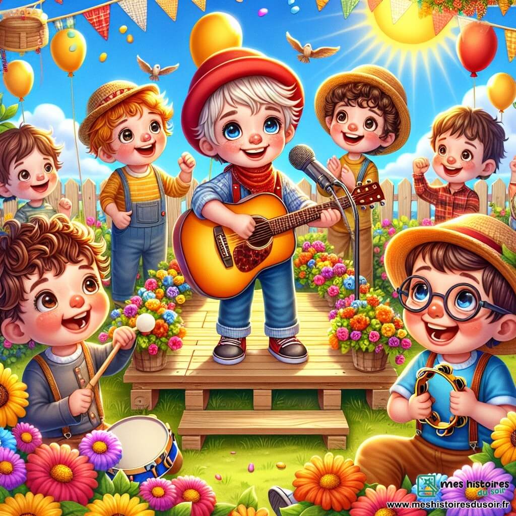 Illustration d'un jardin ensoleillé, rempli de fleurs colorées et de guirlandes festives. Au centre, une petite scène en bois décorée de ballons et de rubans. Un garçon de huit ans, en casquette rouge, tient une guitare brillante et sourit avec fierté. À ses côtés, un autre garçon avec une canne bat la mesure avec un tambourin, tandis qu'un troisième garçon aux cheveux bouclés chante avec enthousiasme. Un quatrième garçon, portant des lunettes, ajuste les cordes de la guitare. La scène montre les garçons se préparant à offrir une surprise musicale à leur papa, entourés de leurs amis et familles, créant une atmosphère festive et chaleureuse.