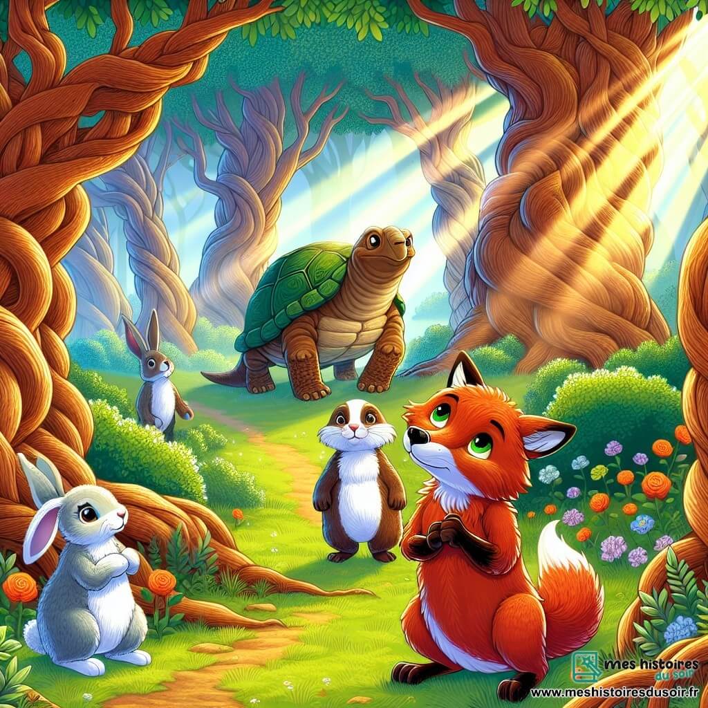 Illustration d'une clairière ensoleillée dans une forêt enchantée, entourée de grands arbres aux troncs noueux. Au centre, un jeune renard de 11 ans, à la fourrure rousse et aux yeux curieux, se tient pensif. À ses côtés, une lapine de 10 ans, au pelage blanc, le regarde avec inquiétude, tandis qu'un blaireau de 11 ans, au pelage brun et aux yeux sages, se tient en retrait, l'air sérieux. En arrière-plan, une tortue âgée observe la scène avec bienveillance, prête à donner une leçon sur l'honnêteté. Le renard questionne ses amis sur une histoire de licorne, sous des rayons de soleil filtrant à travers les branches, créant une atmosphère magique. Des fleurs colorées embellissent le sol, ajoutant gaieté à cette scène d'amitié et de réflexion.