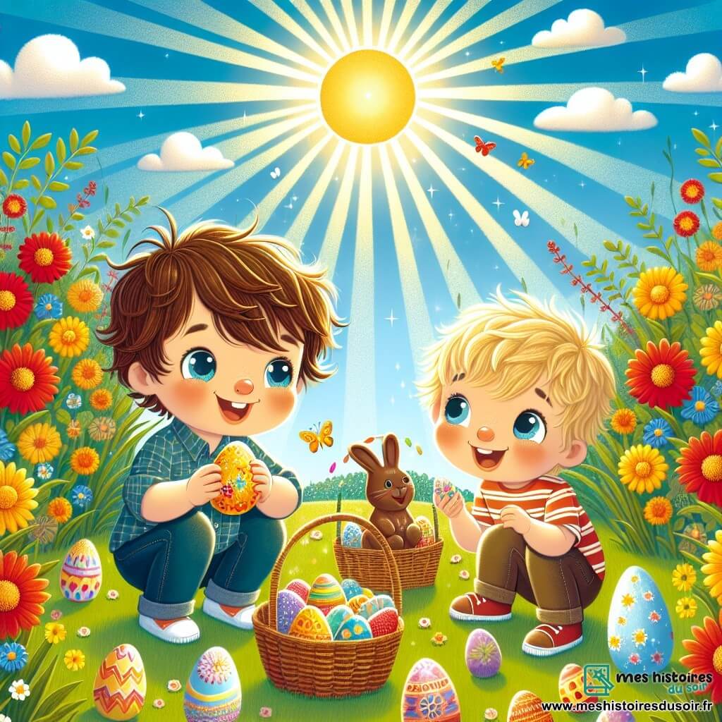 Illustration d'un jardin ensoleillé, rempli de fleurs colorées aux teintes vives de rouge, jaune et bleu, sous un ciel bleu clair avec quelques nuages blancs. Au centre, un petit garçon de 3 ans, aux cheveux bruns en désordre et au sourire éclatant, est accroupi dans l'herbe verte, tenant un œuf décoré de couleurs vives. À ses côtés, un autre garçon d'environ 3 ans, avec des cheveux blonds et des yeux pétillants, admire l'œuf de son ami. Ils sont entourés de paniers en osier remplis d'œufs peints, tandis qu'un lapin en chocolat souriant se tient à proximité, ajoutant une touche magique à la scène. Le soleil brille, créant une atmosphère joyeuse et festive, idéale pour la chasse aux œufs de Pâques.