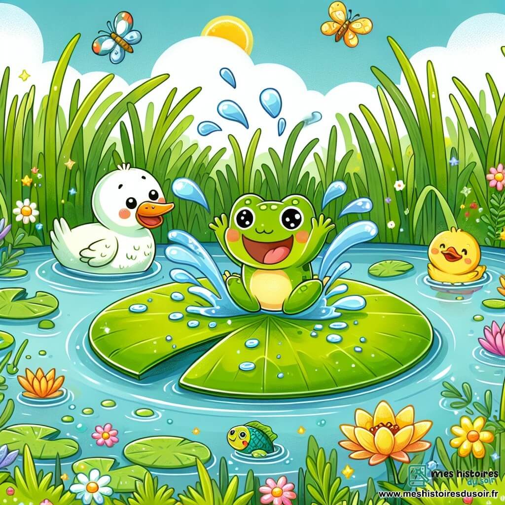 Illustration d'un étang ensoleillé, entouré de grandes herbes vertes et de fleurs colorées. Au centre, une petite grenouille verte, avec de grands yeux ronds et un sourire joyeux, saute avec enthousiasme depuis un nénuphar géant, éclaboussant l'eau. À proximité, un canard aux plumes jaunes et blanches, inquiet, observe la grenouille, tandis qu'un poisson aux écailles scintillantes nage joyeusement sous la surface. La scène montre la grenouille émergeant de l'eau, prête à nager, entourée de gouttes brillantes sous le soleil, avec des libellules colorées ajoutant une touche de magie à cette aventure aquatique.
