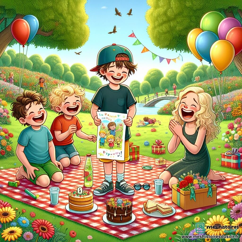 Illustration d'un parc ensoleillé, rempli de fleurs colorées et d'arbres majestueux. Au centre, une grande nappe à carreaux rouges et blancs est étalée sur l'herbe verte, entourée de rires et de joie. Trois garçons d'environ sept ans sont autour de la nappe. Le premier, aux cheveux bruns en bataille, porte un t-shirt bleu et un short jaune, souriant en tendant une lettre à sa maman. Le deuxième, avec une casquette à l'envers et des lunettes de soleil, dessine sur une feuille avec un feutre coloré. Le troisième, aux cheveux blonds et bouclés, rit aux éclats en tenant un petit cadeau. Les mamans, émues et souriantes, découvrent les surprises de leurs enfants. Des ballons colorés flottent dans l'air, des oiseaux chantent, ajoutant une touche de magie à ce moment de bonheur partagé. Des gâteaux, des sandwiches et une bouteille de limonade sont disposés sur la nappe, créant une atmosphère festive et chaleureuse.