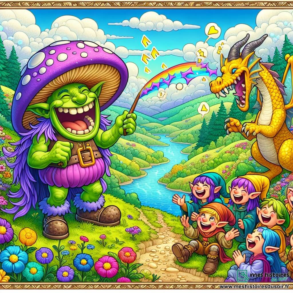 Illustration d'une scène joyeuse dans la Vallée des Rires, un lieu enchanteur avec des collines verdoyantes, des fleurs multicolores dansant au vent, et une rivière scintillante serpentant à travers le paysage. Au centre, un troll joyeux, à la peau verte et aux cheveux violets en désordre, porte un grand chapeau en forme de champignon. Il raconte une blague, souriant largement, tandis que des éclats de rire s'échappent de sa bouche. À ses côtés, un dragon aux écailles dorées, avec de grandes ailes déployées, écoute et rit, ses yeux pétillants de malice. Un groupe d'elfes espiègles aux oreilles pointues et vêtements colorés l'entoure, riant aux éclats et levant les bras en encouragement. Le troll captive son public avec ses blagues, des bulles de rire flottant autour de lui, tandis que des étoiles scintillent dans le ciel bleu, des nuages moelleux et des papillons virevoltent, créant une atmosphère festive et magique.