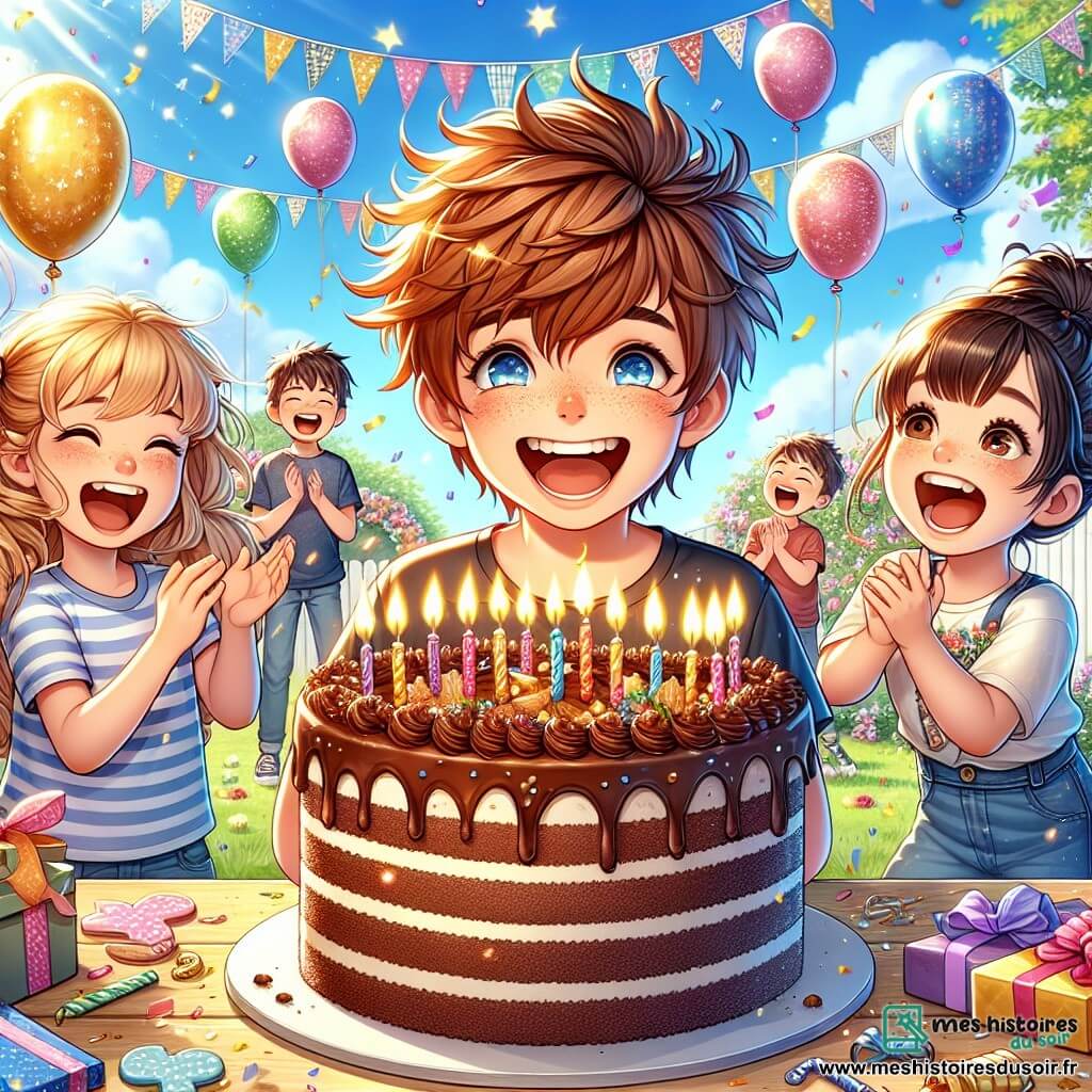 Illustration d'une fête d'anniversaire joyeuse dans un jardin ensoleillé, décoré de ballons colorés et de guirlandes scintillantes. Au centre, un garçon de 11 ans avec des cheveux bruns et des yeux pétillants sourit en soufflant sur les bougies d'un grand gâteau au chocolat décoré d'étoiles dorées. À ses côtés, sa petite sœur de 8 ans, avec des cheveux blonds en couettes, applaudit avec enthousiasme. En arrière-plan, deux amis, un garçon châtain et une fille noire, prêts à chanter "Joyeux Anniversaire", entourés de rires. Le ciel est bleu et ensoleillé, ajoutant une touche magique à cette scène festive, avec des cadeaux colorés sur la table et des confettis flottant dans l'air.