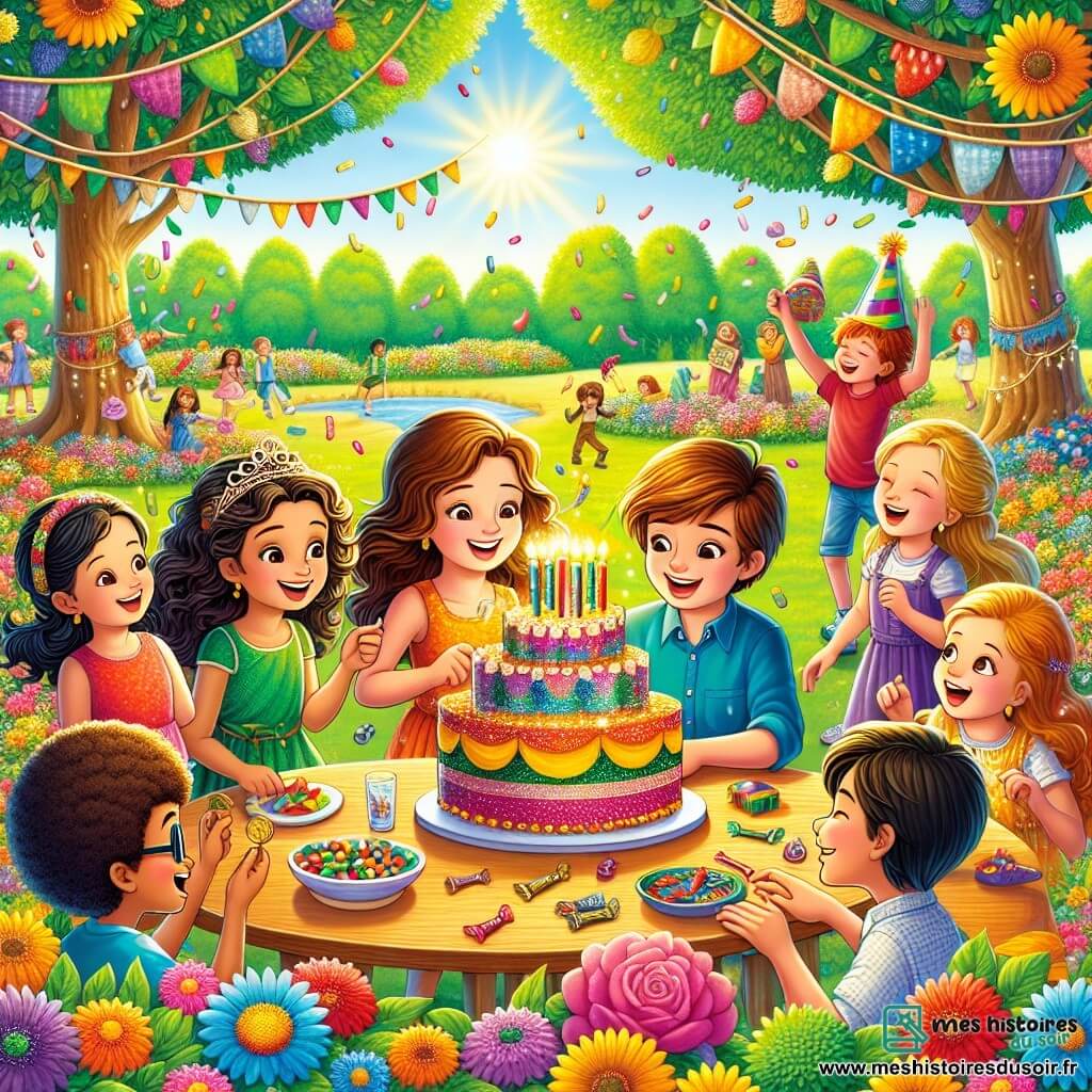 Illustration d'un parc ensoleillé rempli de fleurs colorées et d'arbres majestueux. Au centre, un groupe d'enfants se regroupe autour d'une grande table en bois avec un gâteau d'anniversaire décoré de bougies. Un garçon de onze ans, cheveux bruns et sourire contagieux, tient une pièce de monnaie, prêt à faire un vœu. À ses côtés, une fille pétillante aux cheveux bouclés rit en regardant le gâteau. Un autre garçon, plus jeune, jongle avec des bonbons, tandis qu'une petite fille aux cheveux tressés admire sa peinture d'un dragon. Les enfants célèbrent un anniversaire magique dans une ambiance joyeuse, avec des ballons et des rayons de soleil, tandis que des animaux du parc, comme un hibou et un lapin, ajoutent une touche de magie.