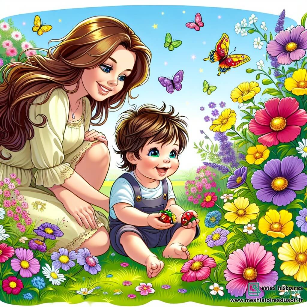 Illustration d'un jardin printanier, rempli de fleurs colorées aux teintes roses, jaunes et violettes, qui dansent sous la brise. Au centre, un petit garçon d'un an, avec des cheveux bruns en désordre et des yeux pétillants de curiosité, est assis sur l'herbe verte, souriant. Il tient un caillou rouge dans sa main, émerveillé par son environnement. À ses côtés, sa maman, une femme d'une trentaine d'années aux cheveux longs et châtains, vêtue d'une robe légère, s'accroupit pour admirer les fleurs et lui montre un papillon jaune qui vole près d'eux. L'ambiance est joyeuse et ensoleillée, avec des papillons colorés virevoltant autour des fleurs, ajoutant une touche de magie à cette scène printanière.