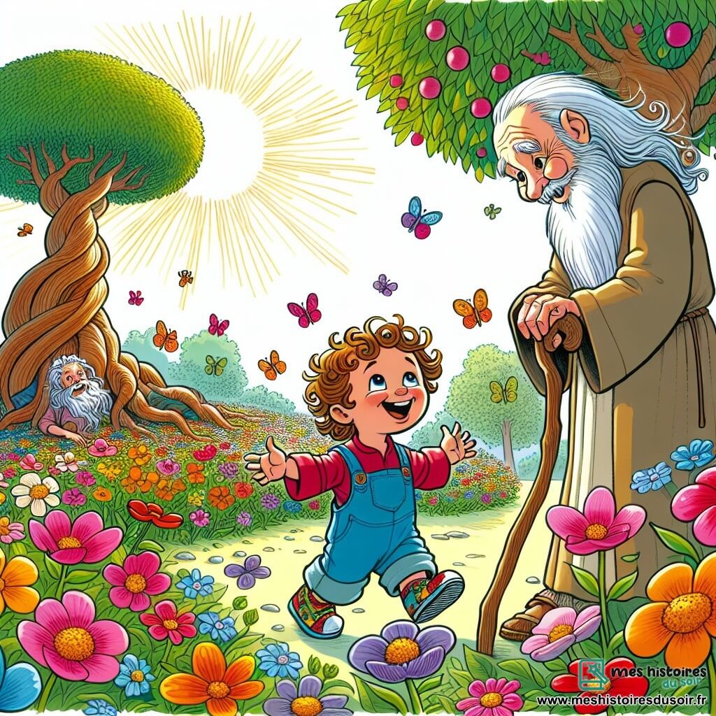 Illustration d'un jardin magique, rempli de fleurs colorées dansant sous un soleil éclatant. Les arbres aux troncs épais et aux feuilles brillantes semblent chanter des mélodies douces. Au centre, un petit garçon d'un an, aux cheveux bouclés et aux yeux pétillants, sourit avec émerveillement en regardant les fleurs. Il porte une salopette bleue et des chaussons colorés, les bras ouverts comme s'il voulait embrasser le monde. À ses côtés, un vieux sage avec une longue barbe blanche et des yeux sages observe le garçon avec bienveillance, vêtu d'une robe simple et tenant un bâton en bois. La scène capture un moment de découverte et de joie, où le petit garçon apprend à apprécier la beauté du jardin tout en écoutant les paroles sages du sage, avec des papillons colorés ajoutant une touche de magie.