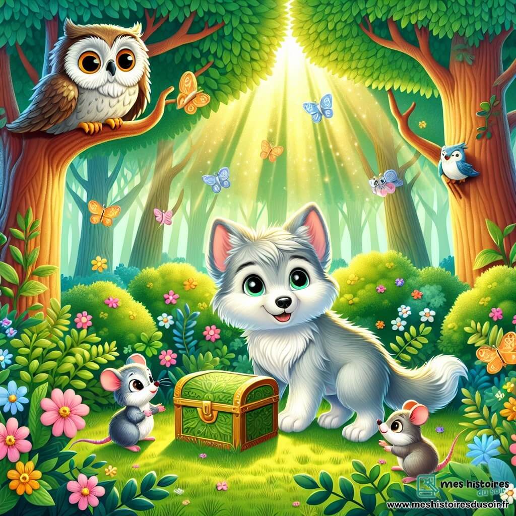 Illustration d'une scène enchantée dans une forêt verdoyante, avec de grands arbres aux troncs robustes et des feuilles vert éclatant filtrant la lumière du soleil. Au centre, un loup au pelage argenté et aux yeux brillants observe une boîte cachée sous un buisson fleuri. À ses côtés, un hibou sage perché sur une branche suit la scène, tandis qu'une petite souris grise s'approche de la boîte avec excitation. Les trois amis découvrent ensemble le trésor caché, entourés de fleurs colorées et de papillons, créant une atmosphère joyeuse. En arrière-plan, des rayons de soleil illuminent la scène d'une douce lumière dorée, ajoutant une touche magique à l'aventure.