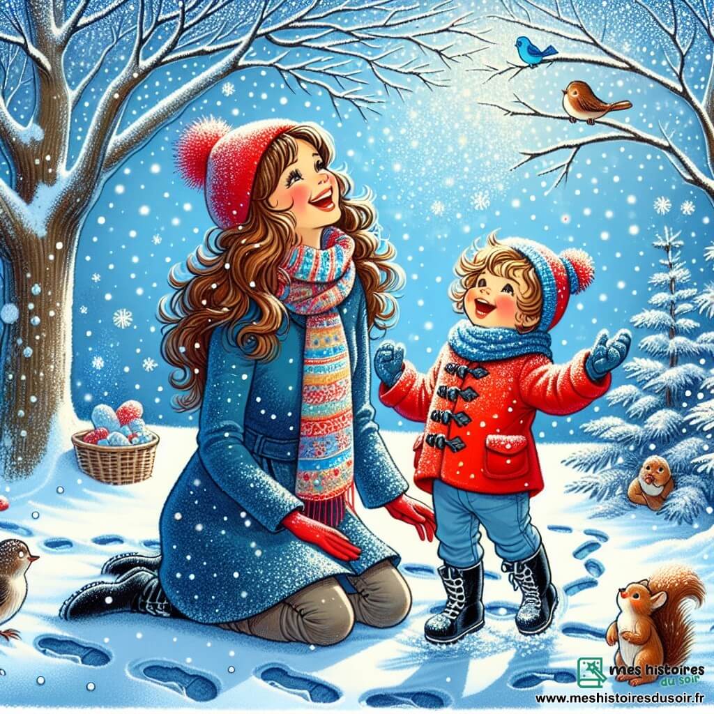Illustration d'un jardin d'hiver recouvert de neige scintillante, avec des flocons tombant du ciel bleu clair. Au centre, un petit garçon de 1 an, aux cheveux châtains et bouclés, vêtu d'un manteau rouge vif, de bottes noires et d'un bonnet à pompon, rit en levant les bras vers le ciel, émerveillé par l'hiver. À ses côtés, une maman d'une trentaine d'années, avec de longs cheveux bruns et un sourire chaleureux, observe son enfant avec tendresse, portant un manteau bleu et une écharpe colorée. Un petit oiseau bleu est perché sur une branche proche, tandis qu'un écureuil brun cherche des noisettes dans la neige. La scène dégage une atmosphère joyeuse et enchanteresse, avec des traces de pas dans la neige et des flocons dansant autour d'eux, illustrant la joie de découvrir l'hiver ensemble.