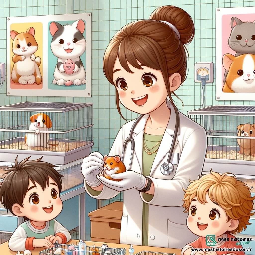 Illustration d'une clinique vétérinaire chaleureuse, avec des murs pastel, des affiches d'animaux souriants et des cages transparentes contenant des animaux en attente de soins. Au centre, une vétérinaire souriante, cheveux châtains en chignon, en blouse blanche et gants en latex, examine un hamster avec douceur. À ses côtés, deux enfants, un garçon de 8 ans aux cheveux blonds en bataille et une fille de 6 ans aux cheveux bruns bouclés, regardent curieusement, tenant des jouets en forme d'animaux. La scène évoque la compassion et l'apprentissage, avec des jouets éparpillés sur une table et un chaton observant depuis une cage.