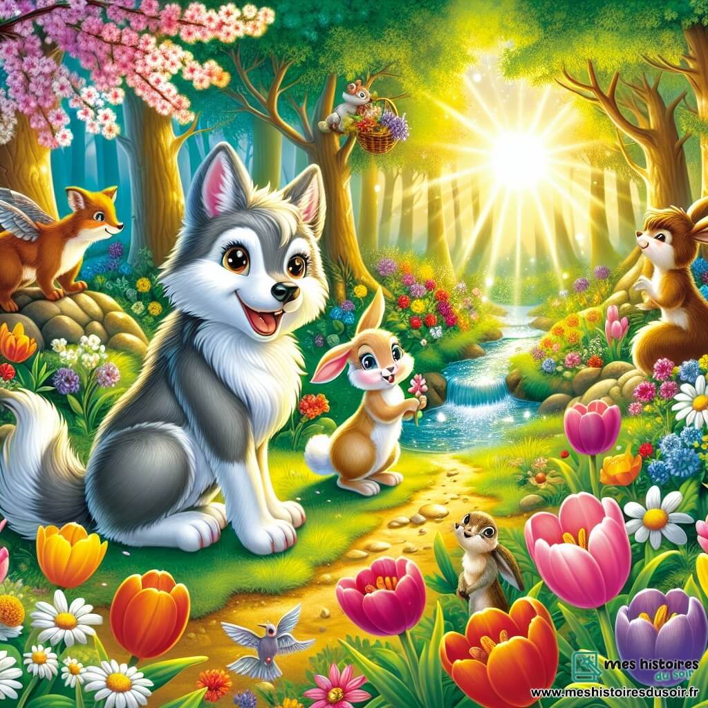 Illustration d'une clairière enchantée au printemps, baignée par la lumière dorée du soleil couchant. Des fleurs multicolores, comme des tulipes et des marguerites, s'épanouissent autour d'un ruisseau scintillant, tandis que de grands arbres aux feuilles vertes dansent doucement au vent. Au centre, un jeune loup de 11 ans, au pelage gris argenté et aux yeux pétillants de curiosité, se tient debout sur ses pattes arrière, souriant joyeusement avec une carte à la main, prêt à partir à l'aventure. À ses côtés, une lapine de 11 ans, au pelage blanc éclatant et aux grandes oreilles, admire les fleurs, portant un petit panier rempli de baies colorées. Un écureuil brun vif de 11 ans grimpe sur une branche, tenant une brindille dans sa queue, prêt pour la chasse au trésor. Les amis, riant et partageant leur enthousiasme pour le printemps, sont entourés de la beauté de la nature, avec des papillons colorés ajoutant une touche de magie à cette scène joyeuse.